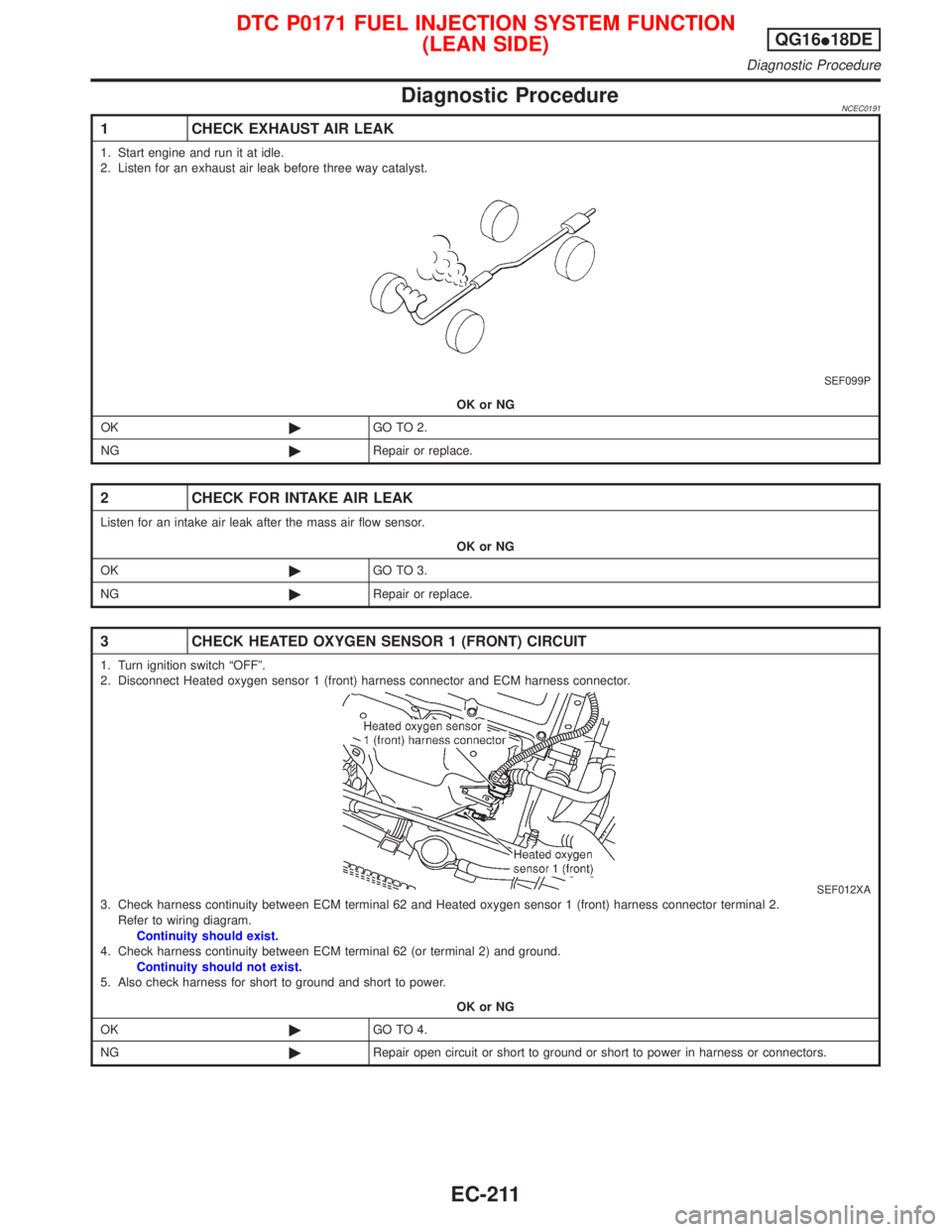 NISSAN PRIMERA 1999  Electronic Repair Manual Diagnostic ProcedureNCEC0191
1 CHECK EXHAUST AIR LEAK
1. Start engine and run it at idle.
2. Listen for an exhaust air leak before three way catalyst.
SEF099P
OK or NG
OK©GO TO 2.
NG©Repair or repla