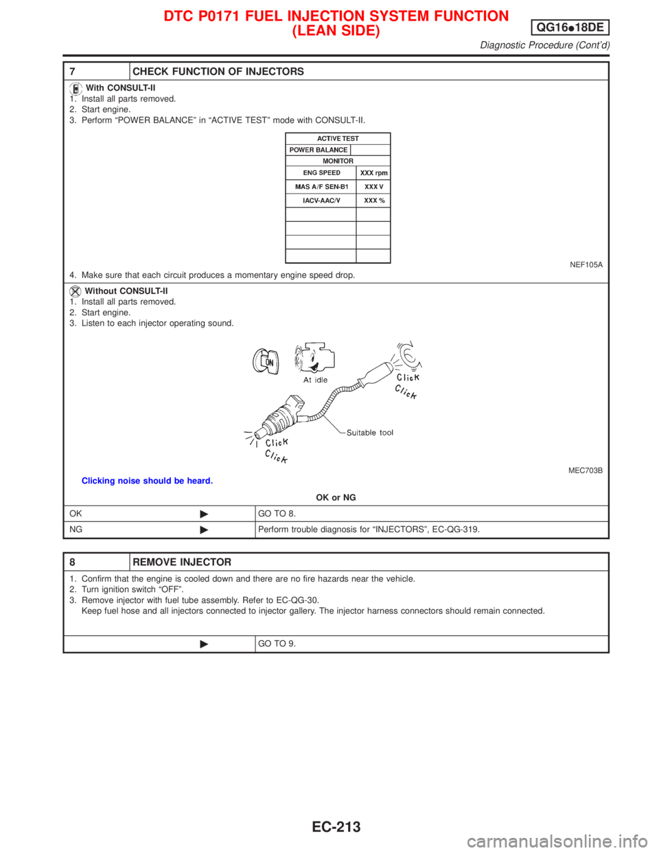 NISSAN PRIMERA 1999  Electronic Repair Manual 7 CHECK FUNCTION OF INJECTORS
With CONSULT-II
1. Install all parts removed.
2. Start engine.
3. Perform ªPOWER BALANCEº in ªACTIVE TESTº mode with CONSULT-II.
NEF105A4. Make sure that each circuit