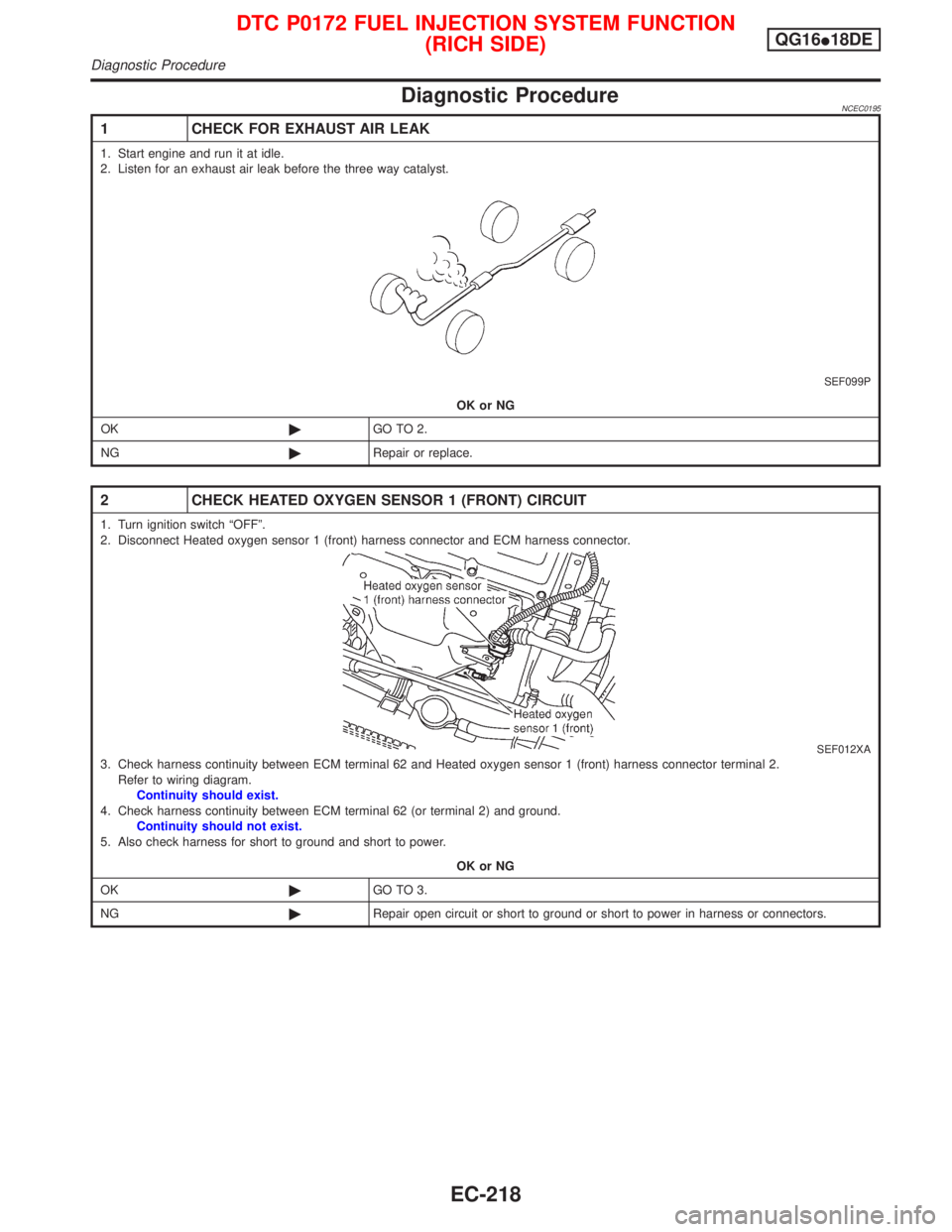 NISSAN PRIMERA 1999  Electronic Repair Manual Diagnostic ProcedureNCEC0195
1 CHECK FOR EXHAUST AIR LEAK
1. Start engine and run it at idle.
2. Listen for an exhaust air leak before the three way catalyst.
SEF099P
OK or NG
OK©GO TO 2.
NG©Repair 