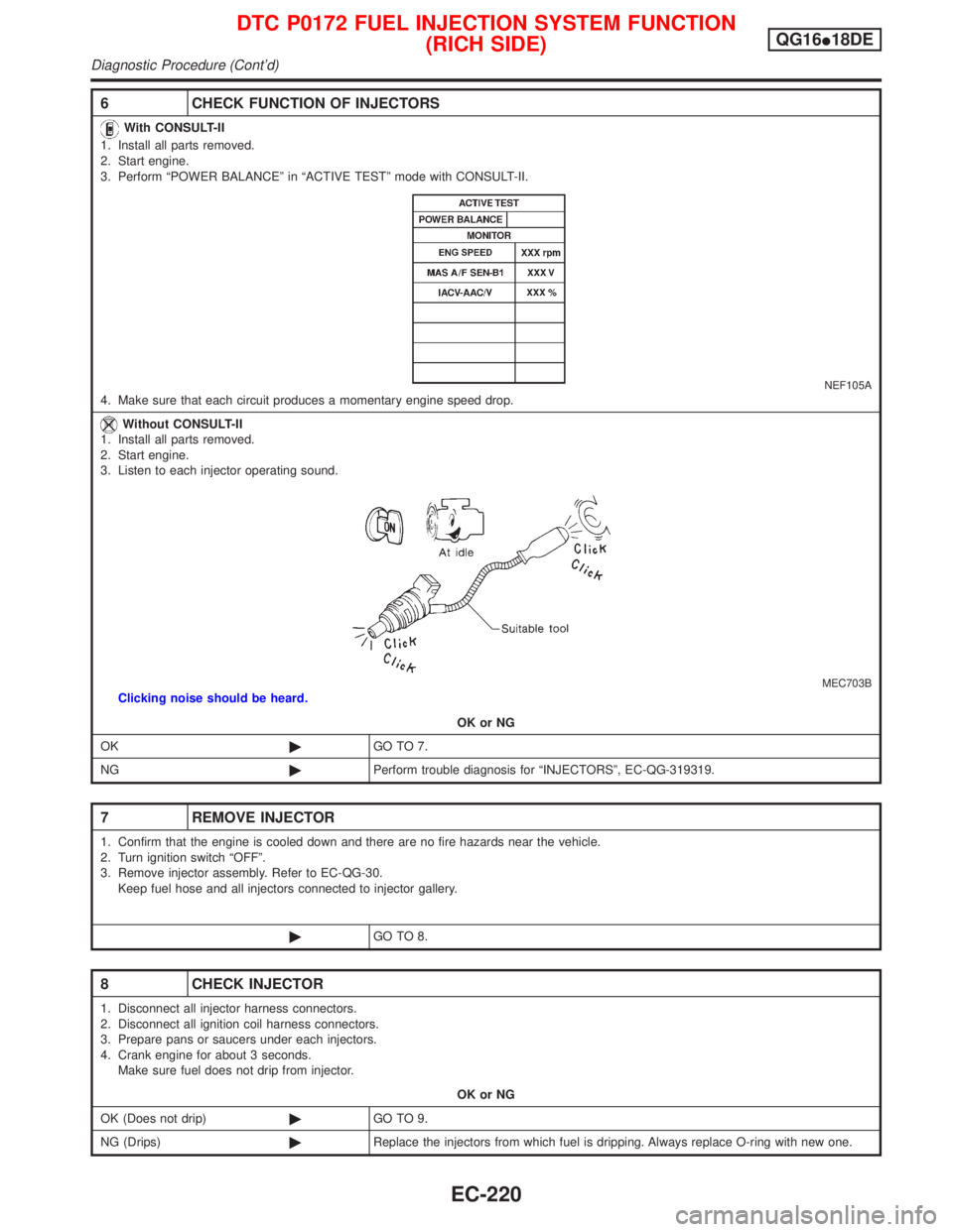 NISSAN PRIMERA 1999  Electronic Repair Manual 6 CHECK FUNCTION OF INJECTORS
With CONSULT-II
1. Install all parts removed.
2. Start engine.
3. Perform ªPOWER BALANCEº in ªACTIVE TESTº mode with CONSULT-II.
NEF105A4. Make sure that each circuit
