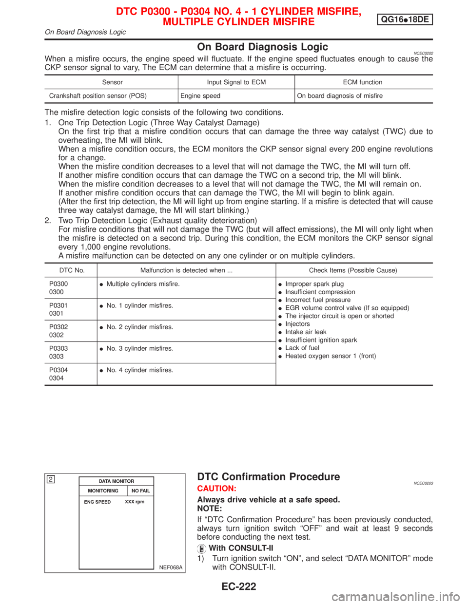 NISSAN PRIMERA 1999  Electronic Repair Manual On Board Diagnosis LogicNCEC0202When a misfire occurs, the engine speed will fluctuate. If the engine speed fluctuates enough to cause the
CKP sensor signal to vary, The ECM can determine that a misfi