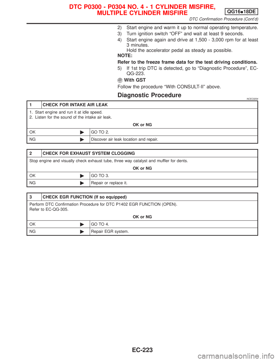 NISSAN PRIMERA 1999  Electronic Repair Manual 2) Start engine and warm it up to normal operating temperature.
3) Turn ignition switch ªOFFº and wait at least 9 seconds.
4) Start engine again and drive at 1,500 - 3,000 rpm for at least
3 minutes