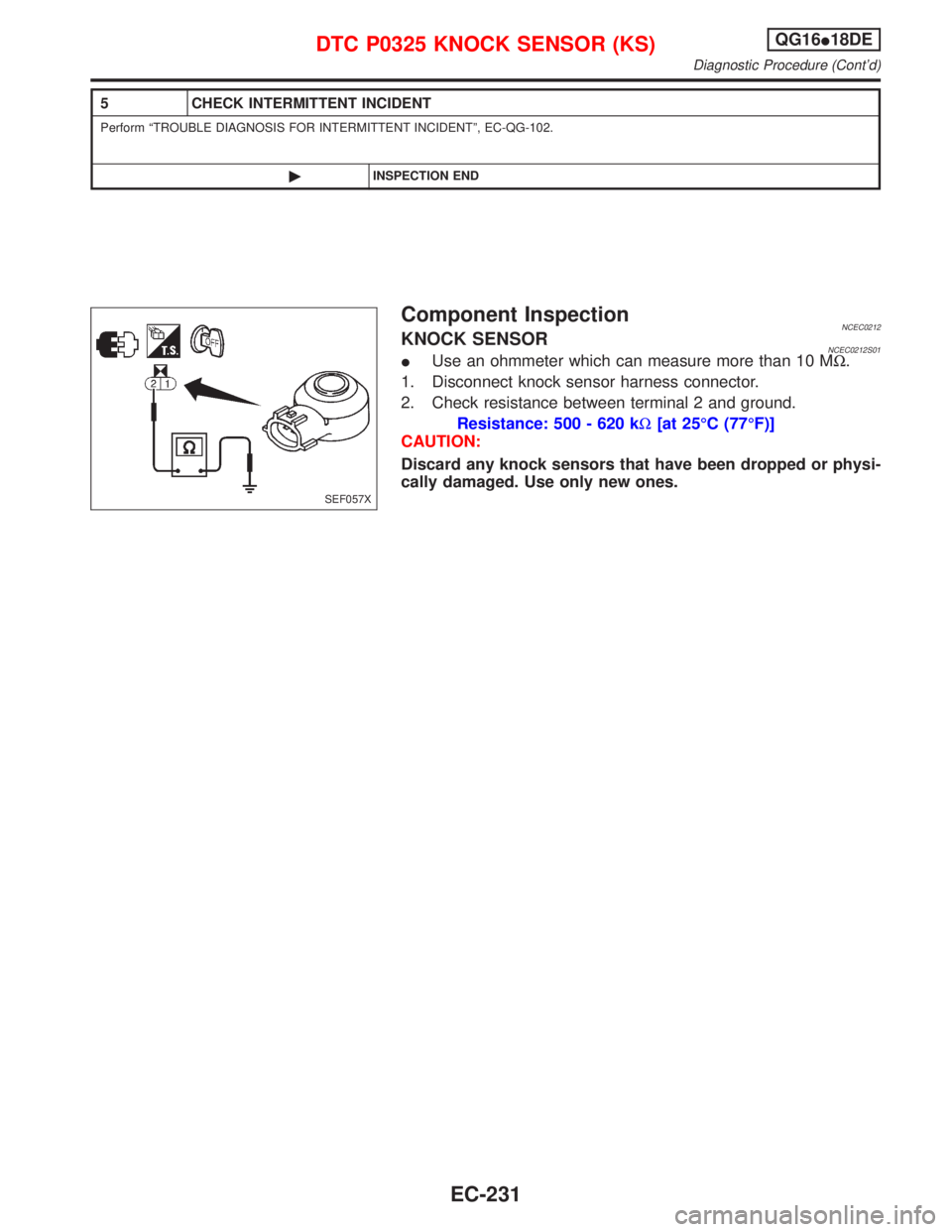NISSAN PRIMERA 1999 Electronic Repair Manual 5 CHECK INTERMITTENT INCIDENT
Perform ªTROUBLE DIAGNOSIS FOR INTERMITTENT INCIDENTº, EC-QG-102.
©INSPECTION END
Component InspectionNCEC0212KNOCK SENSORNCEC0212S01IUse an ohmmeter which can measure NISSAN PRIMERA 1999 Electronic Repair Manual 5 CHECK INTERMITTENT INCIDENT
Perform ªTROUBLE DIAGNOSIS FOR INTERMITTENT INCIDENTº, EC-QG-102.
©INSPECTION END
Component InspectionNCEC0212KNOCK SENSORNCEC0212S01IUse an ohmmeter which can measure