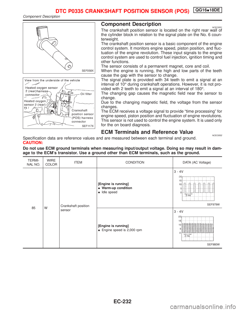 NISSAN PRIMERA 1999 Electronic Repair Manual Component DescriptionNCEC0551The crankshaft position sensor is located on the right rear wall of
the cylinder block in relation to the signal plate on the No. 6 coun-
terweight.
The crankshaft positio NISSAN PRIMERA 1999 Electronic Repair Manual Component DescriptionNCEC0551The crankshaft position sensor is located on the right rear wall of
the cylinder block in relation to the signal plate on the No. 6 coun-
terweight.
The crankshaft positio