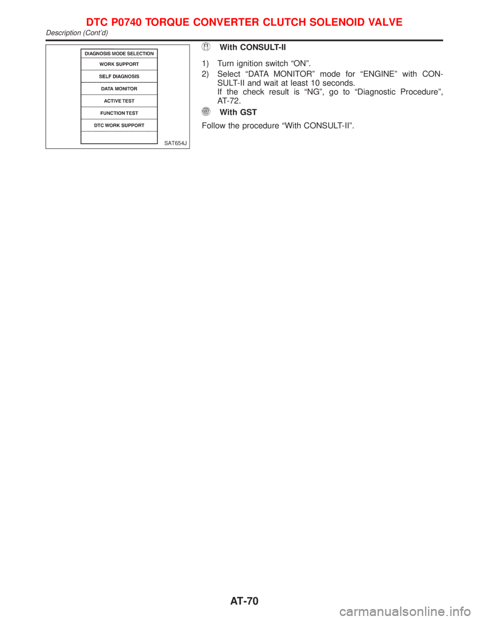 NISSAN PRIMERA 1999 Electronic Manual PDF With CONSULT-II
1) Turn ignition switch ªONº.
2) Select ªDATA MONITORº mode for ªENGINEº with CON-
SULT-II and wait at least 10 seconds.
If the check result is ªNGº, go to ªDiagnostic Procedu NISSAN PRIMERA 1999 Electronic Manual PDF With CONSULT-II
1) Turn ignition switch ªONº.
2) Select ªDATA MONITORº mode for ªENGINEº with CON-
SULT-II and wait at least 10 seconds.
If the check result is ªNGº, go to ªDiagnostic Procedu