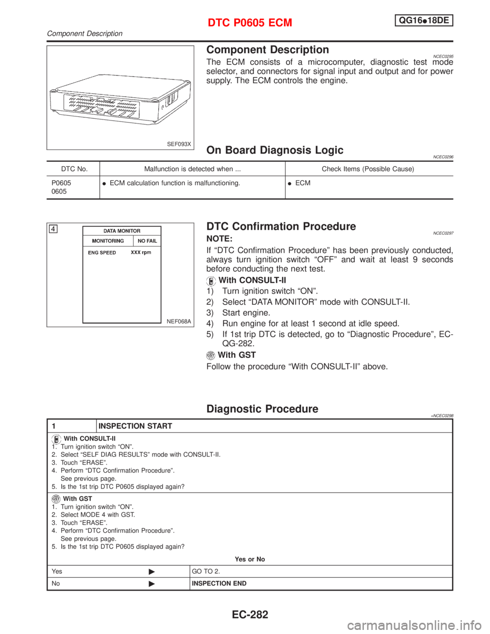 NISSAN PRIMERA 1999  Electronic Repair Manual Component DescriptionNCEC0295The ECM consists of a microcomputer, diagnostic test mode
selector, and connectors for signal input and output and for power
supply. The ECM controls the engine.
On Board 