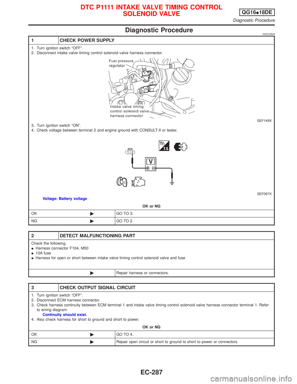 NISSAN PRIMERA 1999  Electronic Repair Manual Diagnostic ProcedureNCEC0520
1 CHECK POWER SUPPLY
1. Turn ignition switch ªOFFº.
2. Disconnect intake valve timing control solenoid valve harness connector.
SEF149X3. Turn ignition switch ªONº.
4.