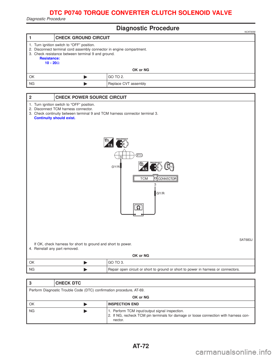 NISSAN PRIMERA 1999 Electronic Manual PDF Diagnostic ProcedureNCAT0056
1 CHECK GROUND CIRCUIT
1. Turn ignition switch to ªOFFº position.
2. Disconnect terminal cord assembly connector in engine compartment.
3. Check resistance between termi NISSAN PRIMERA 1999 Electronic Manual PDF Diagnostic ProcedureNCAT0056
1 CHECK GROUND CIRCUIT
1. Turn ignition switch to ªOFFº position.
2. Disconnect terminal cord assembly connector in engine compartment.
3. Check resistance between termi