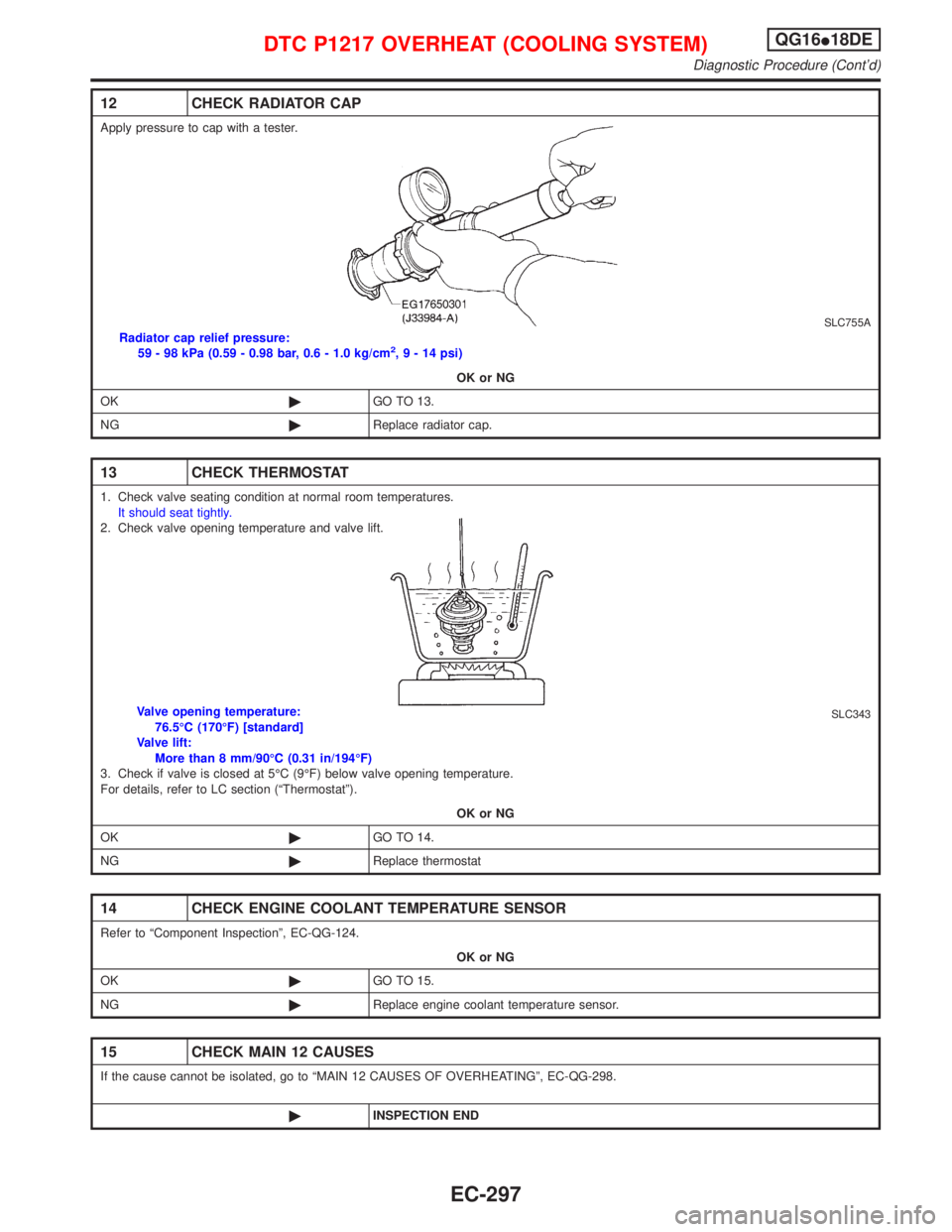 NISSAN PRIMERA 1999  Electronic Repair Manual 12 CHECK RADIATOR CAP
Apply pressure to cap with a tester.
SLC755ARadiator cap relief pressure:
59 - 98 kPa (0.59 - 0.98 bar, 0.6 - 1.0 kg/cm2,9-14psi)
OK or NG
OK©GO TO 13.
NG©Replace radiator cap.