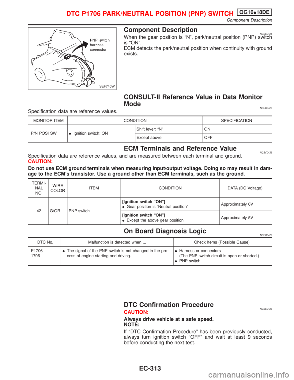NISSAN PRIMERA 1999 Electronic Repair Manual Component DescriptionNCEC0424When the gear position is ªNº, park/neutral position (PNP) switch
is ªONº.
ECM detects the park/neutral position when continuity with ground
exists.
CONSULT-II Referen NISSAN PRIMERA 1999 Electronic Repair Manual Component DescriptionNCEC0424When the gear position is ªNº, park/neutral position (PNP) switch
is ªONº.
ECM detects the park/neutral position when continuity with ground
exists.
CONSULT-II Referen