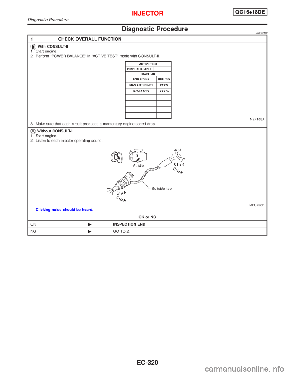 NISSAN PRIMERA 1999  Electronic Repair Manual Diagnostic ProcedureNCEC0438
1 CHECK OVERALL FUNCTION
With CONSULT-II
1. Start engine.
2. Perform ªPOWER BALANCEº in ªACTIVE TESTº mode with CONSULT-II.
NEF105A3. Make sure that each circuit produ