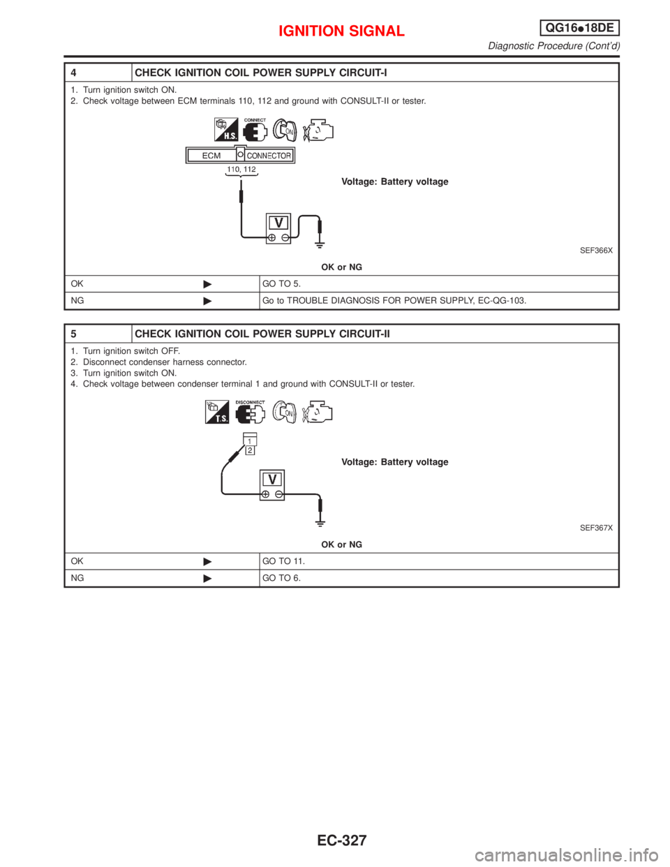 NISSAN PRIMERA 1999  Electronic Repair Manual 4 CHECK IGNITION COIL POWER SUPPLY CIRCUIT-I
1. Turn ignition switch ON.
2. Check voltage between ECM terminals 110, 112 and ground with CONSULT-II or tester.
SEF366X
OK or NG
OK©GO TO 5.
NG©Go to T