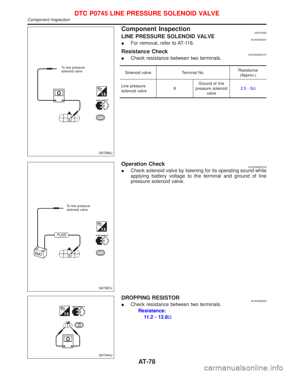 NISSAN PRIMERA 1999 Electronic Manual PDF Component Inspection=NCAT0063LINE PRESSURE SOLENOID VALVENCAT0063S01IFor removal, refer to AT-116.
Resistance CheckNCAT0063S0101ICheck resistance between two terminals.
Solenoid valve Terminal No.Resi NISSAN PRIMERA 1999 Electronic Manual PDF Component Inspection=NCAT0063LINE PRESSURE SOLENOID VALVENCAT0063S01IFor removal, refer to AT-116.
Resistance CheckNCAT0063S0101ICheck resistance between two terminals.
Solenoid valve Terminal No.Resi