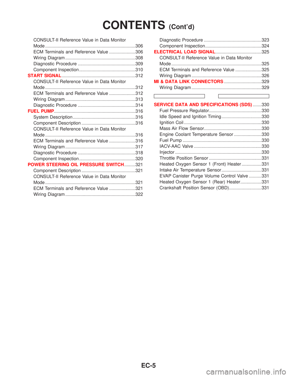 NISSAN PRIMERA 1999 Electronic Repair Manual CONSULT-II Reference Value in Data Monitor
Mode ........................................................................306
ECM Terminals and Reference Value .....................306
Wiring Diagram .. NISSAN PRIMERA 1999 Electronic Repair Manual CONSULT-II Reference Value in Data Monitor
Mode ........................................................................306
ECM Terminals and Reference Value .....................306
Wiring Diagram ..