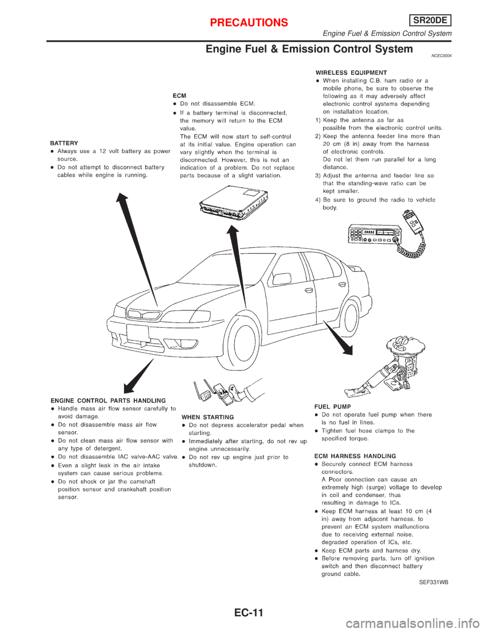 NISSAN PRIMERA 1999  Electronic Repair Manual Engine Fuel & Emission Control SystemNCEC0004
SEF331WB
PRECAUTIONSSR20DE
Engine Fuel & Emission Control System
EC-11 