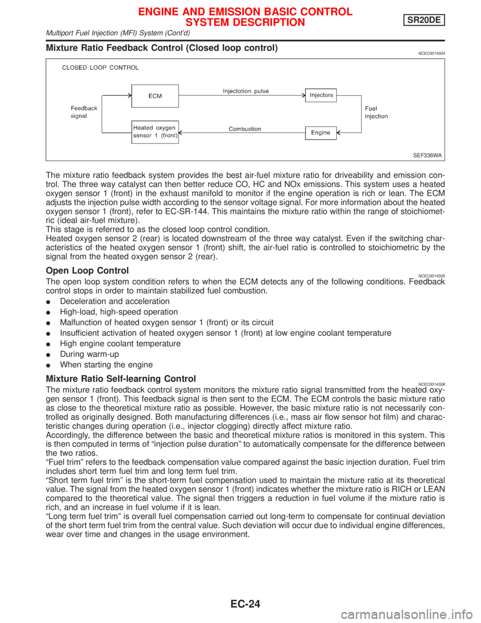 NISSAN PRIMERA 1999 Electronic Repair Manual Mixture Ratio Feedback Control (Closed loop control)NCEC0014S04
The mixture ratio feedback system provides the best air-fuel mixture ratio for driveability and emission con-
trol. The three way cataly NISSAN PRIMERA 1999 Electronic Repair Manual Mixture Ratio Feedback Control (Closed loop control)NCEC0014S04
The mixture ratio feedback system provides the best air-fuel mixture ratio for driveability and emission con-
trol. The three way cataly