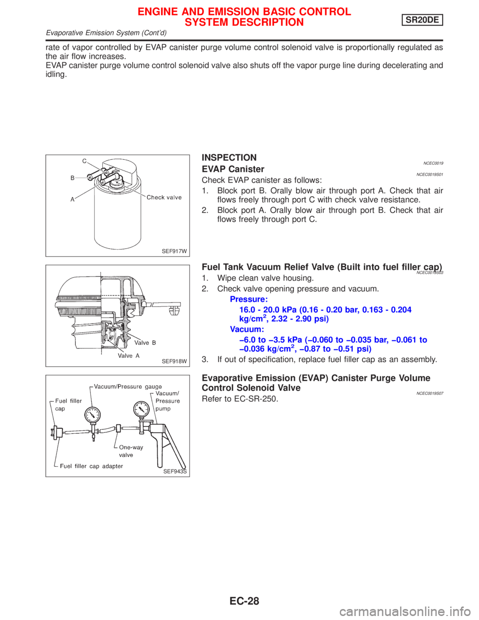 NISSAN PRIMERA 1999 Electronic Repair Manual rate of vapor controlled by EVAP canister purge volume control solenoid valve is proportionally regulated as
the air flow increases.
EVAP canister purge volume control solenoid valve also shuts off th NISSAN PRIMERA 1999 Electronic Repair Manual rate of vapor controlled by EVAP canister purge volume control solenoid valve is proportionally regulated as
the air flow increases.
EVAP canister purge volume control solenoid valve also shuts off th