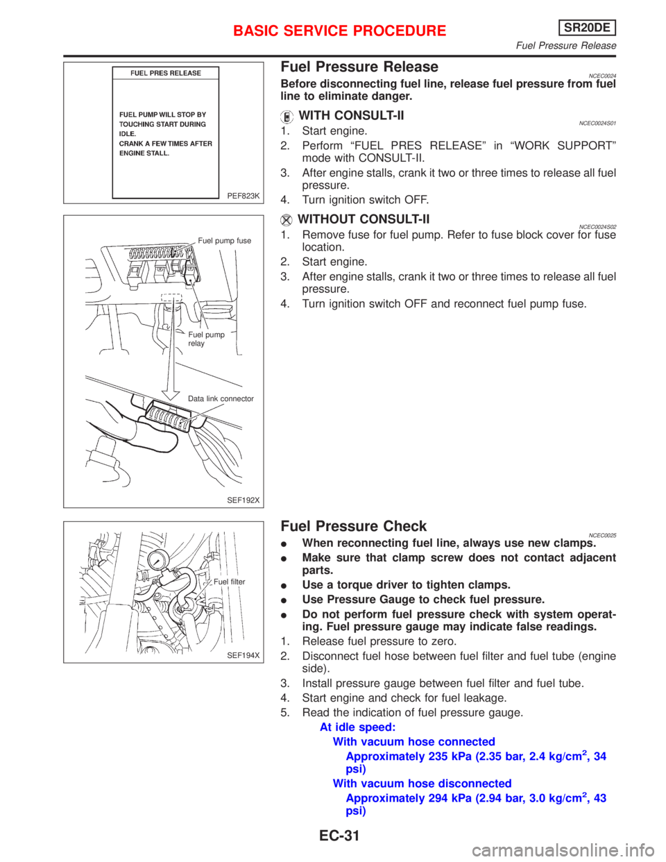 NISSAN PRIMERA 1999 Electronic Repair Manual Fuel Pressure ReleaseNCEC0024Before disconnecting fuel line, release fuel pressure from fuel
line to eliminate danger.
WITH CONSULT-IINCEC0024S011. Start engine.
2. Perform ªFUEL PRES RELEASEº in ª NISSAN PRIMERA 1999 Electronic Repair Manual Fuel Pressure ReleaseNCEC0024Before disconnecting fuel line, release fuel pressure from fuel
line to eliminate danger.
WITH CONSULT-IINCEC0024S011. Start engine.
2. Perform ªFUEL PRES RELEASEº in ª