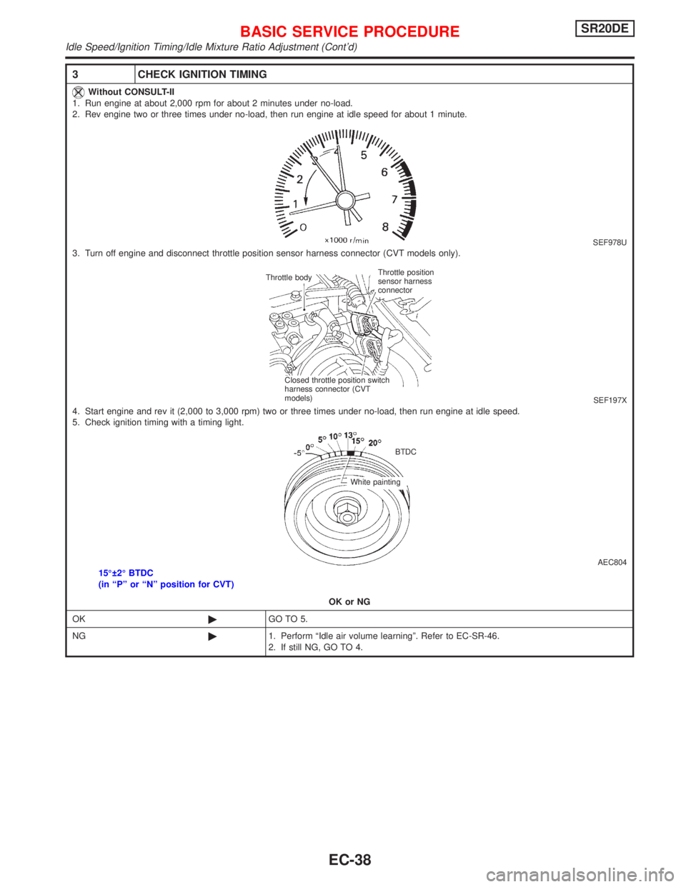 NISSAN PRIMERA 1999 Electronic Repair Manual 3 CHECK IGNITION TIMING
Without CONSULT-II
1. Run engine at about 2,000 rpm for about 2 minutes under no-load.
2. Rev engine two or three times under no-load, then run engine at idle speed for about 1 NISSAN PRIMERA 1999 Electronic Repair Manual 3 CHECK IGNITION TIMING
Without CONSULT-II
1. Run engine at about 2,000 rpm for about 2 minutes under no-load.
2. Rev engine two or three times under no-load, then run engine at idle speed for about 1