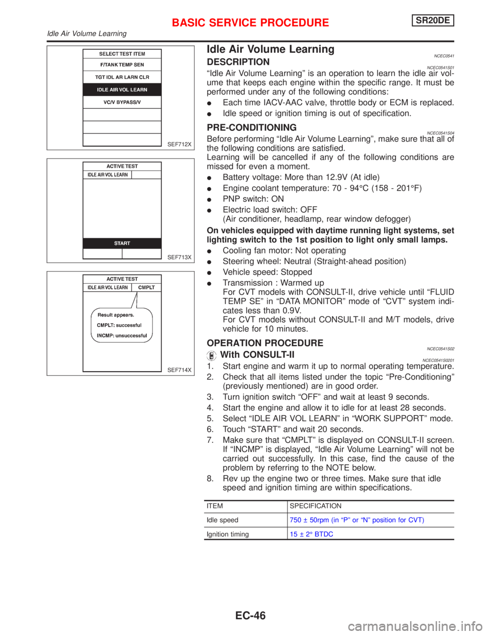 NISSAN PRIMERA 1999 Electronic Repair Manual Idle Air Volume LearningNCEC0541DESCRIPTIONNCEC0541S01ªIdle Air Volume Learningº is an operation to learn the idle air vol-
ume that keeps each engine within the specific range. It must be
performed NISSAN PRIMERA 1999 Electronic Repair Manual Idle Air Volume LearningNCEC0541DESCRIPTIONNCEC0541S01ªIdle Air Volume Learningº is an operation to learn the idle air vol-
ume that keeps each engine within the specific range. It must be
performed
