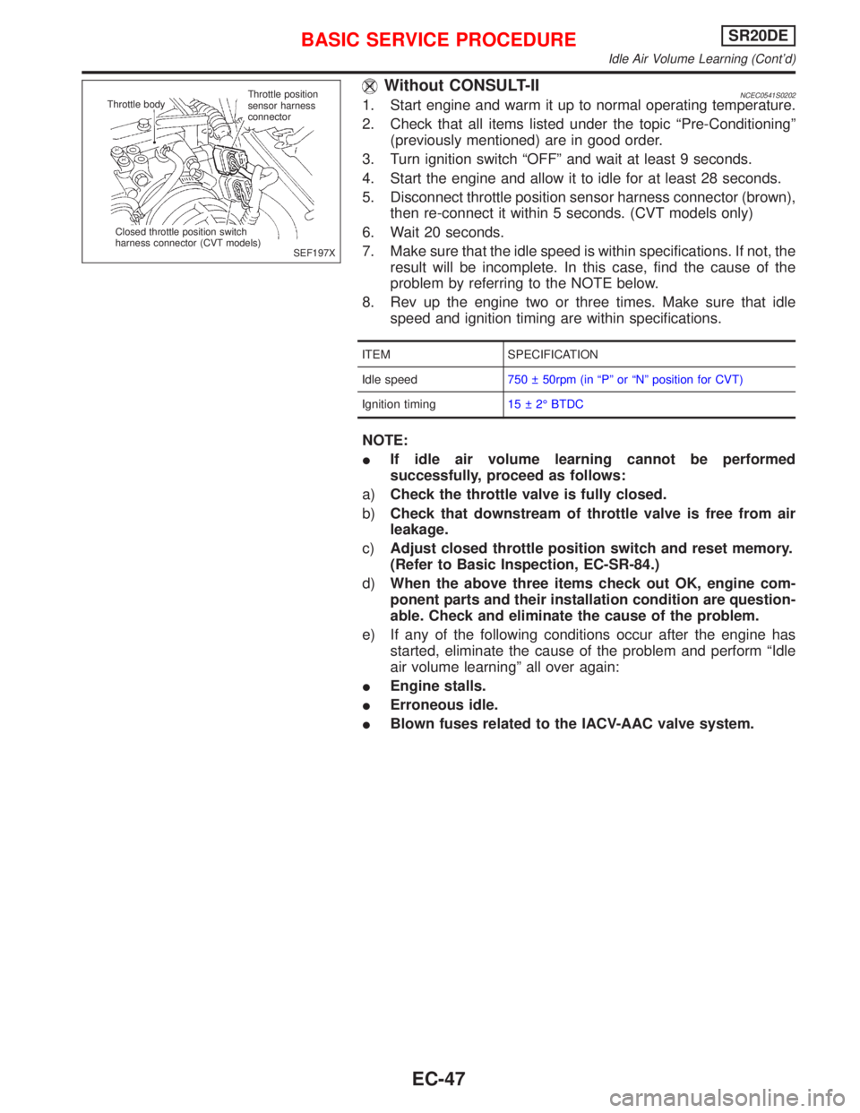NISSAN PRIMERA 1999 Electronic Repair Manual Without CONSULT-IINCEC0541S02021. Start engine and warm it up to normal operating temperature.
2. Check that all items listed under the topic ªPre-Conditioningº
(previously mentioned) are in good or NISSAN PRIMERA 1999 Electronic Repair Manual Without CONSULT-IINCEC0541S02021. Start engine and warm it up to normal operating temperature.
2. Check that all items listed under the topic ªPre-Conditioningº
(previously mentioned) are in good or