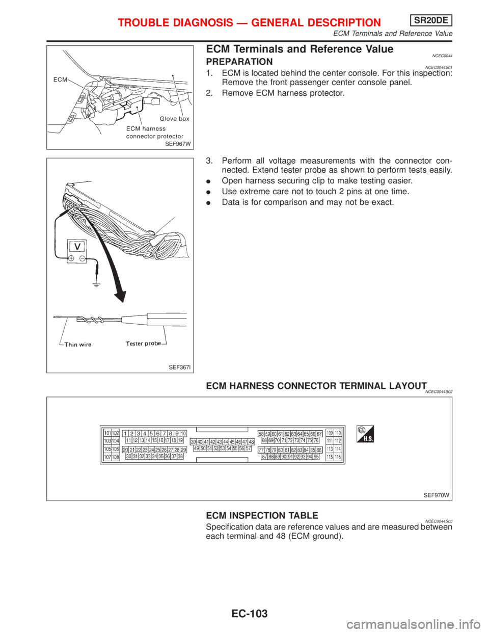 NISSAN PRIMERA 1999  Electronic Repair Manual ECM Terminals and Reference ValueNCEC0044PREPARATIONNCEC0044S011. ECM is located behind the center console. For this inspection:
Remove the front passenger center console panel.
2. Remove ECM harness 