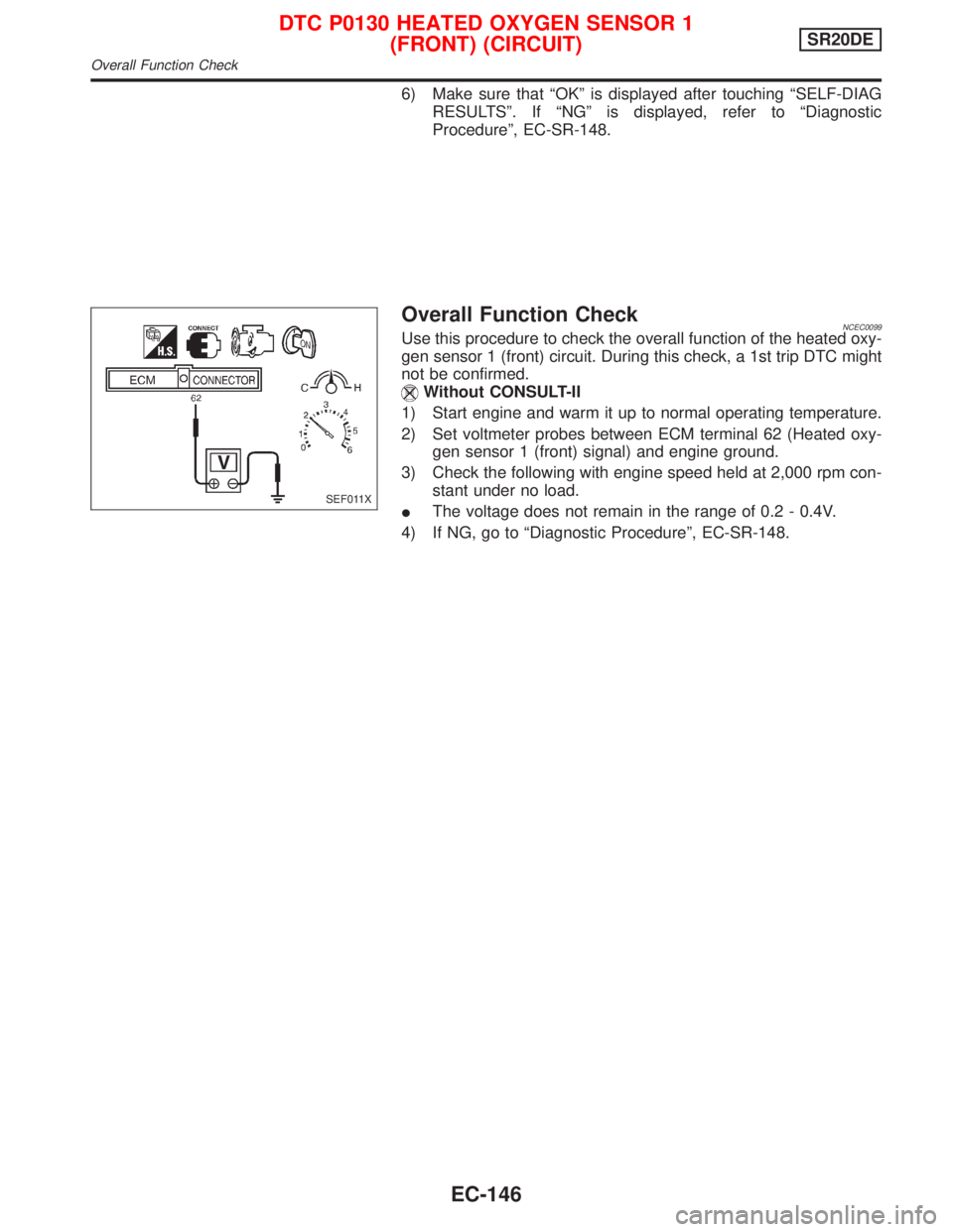 NISSAN PRIMERA 1999 Electronic Repair Manual 6) Make sure that ªOKº is displayed after touching ªSELF-DIAG
RESULTSº. If ªNGº is displayed, refer to ªDiagnostic
Procedureº, EC-SR-148.
Overall Function CheckNCEC0099Use this procedure to ch NISSAN PRIMERA 1999 Electronic Repair Manual 6) Make sure that ªOKº is displayed after touching ªSELF-DIAG
RESULTSº. If ªNGº is displayed, refer to ªDiagnostic
Procedureº, EC-SR-148.
Overall Function CheckNCEC0099Use this procedure to ch