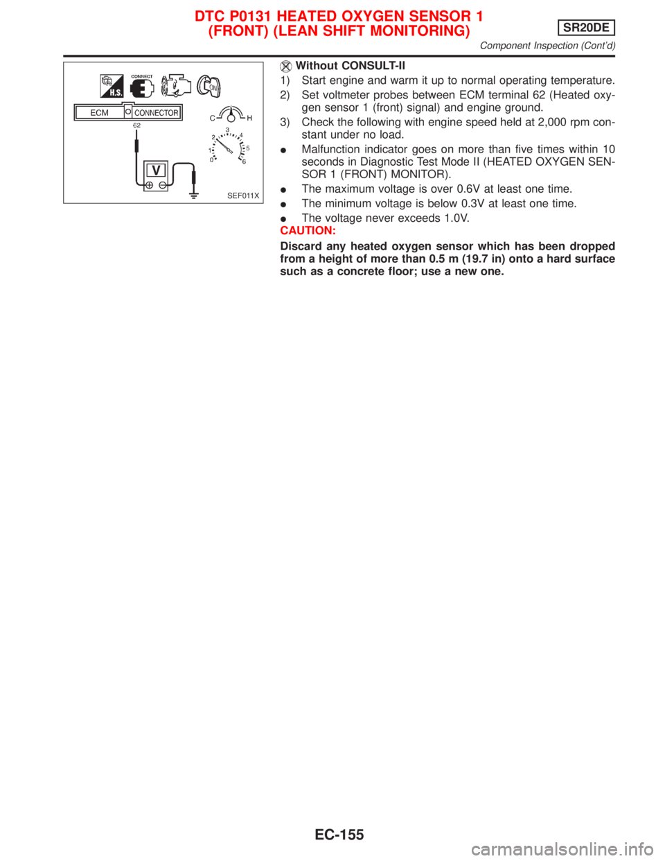 NISSAN PRIMERA 1999 Electronic Repair Manual Without CONSULT-II
1) Start engine and warm it up to normal operating temperature.
2) Set voltmeter probes between ECM terminal 62 (Heated oxy-
gen sensor 1 (front) signal) and engine ground.
3) Check NISSAN PRIMERA 1999 Electronic Repair Manual Without CONSULT-II
1) Start engine and warm it up to normal operating temperature.
2) Set voltmeter probes between ECM terminal 62 (Heated oxy-
gen sensor 1 (front) signal) and engine ground.
3) Check