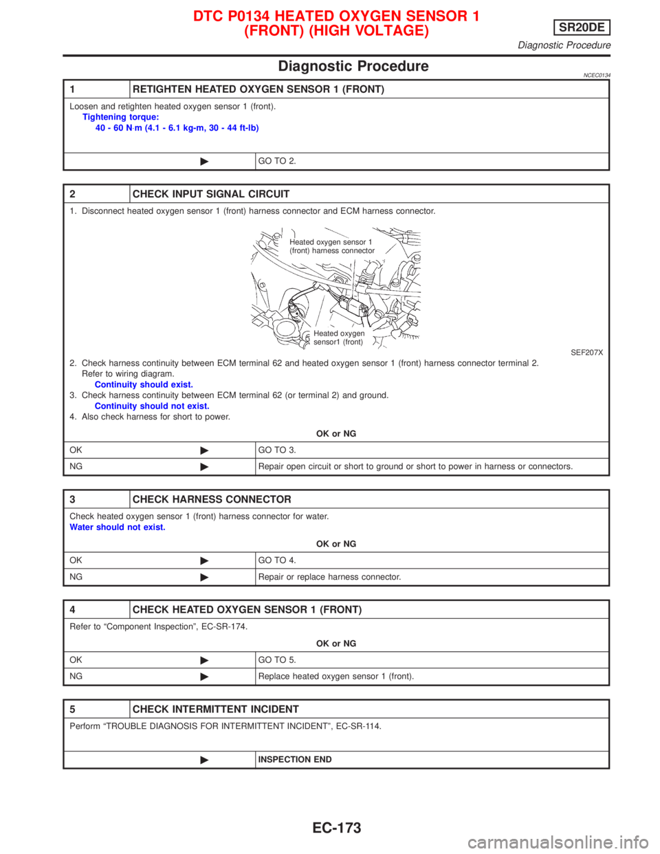 NISSAN PRIMERA 1999 Electronic Repair Manual Diagnostic ProcedureNCEC0134
1 RETIGHTEN HEATED OXYGEN SENSOR 1 (FRONT)
Loosen and retighten heated oxygen sensor 1 (front).
Tightening torque:
40-60N×m (4.1 - 6.1 kg-m, 30 - 44 ft-lb)
©GO TO 2.
2 C NISSAN PRIMERA 1999 Electronic Repair Manual Diagnostic ProcedureNCEC0134
1 RETIGHTEN HEATED OXYGEN SENSOR 1 (FRONT)
Loosen and retighten heated oxygen sensor 1 (front).
Tightening torque:
40-60N×m (4.1 - 6.1 kg-m, 30 - 44 ft-lb)
©GO TO 2.
2 C