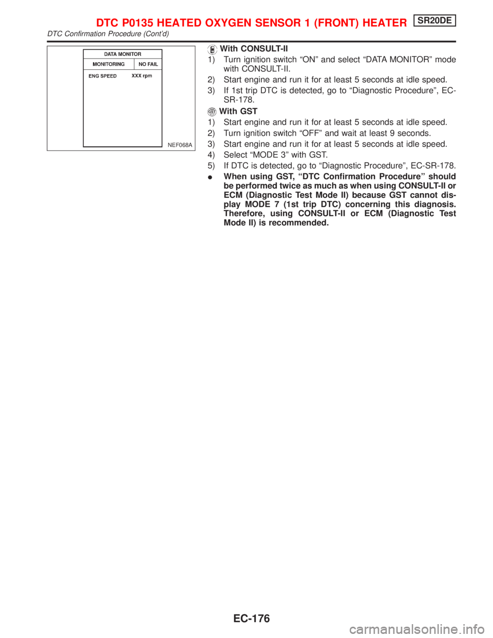 NISSAN PRIMERA 1999 Electronic Repair Manual With CONSULT-II
1) Turn ignition switch ªONº and select ªDATA MONITORº mode
with CONSULT-II.
2) Start engine and run it for at least 5 seconds at idle speed.
3) If 1st trip DTC is detected, go to NISSAN PRIMERA 1999 Electronic Repair Manual With CONSULT-II
1) Turn ignition switch ªONº and select ªDATA MONITORº mode
with CONSULT-II.
2) Start engine and run it for at least 5 seconds at idle speed.
3) If 1st trip DTC is detected, go to