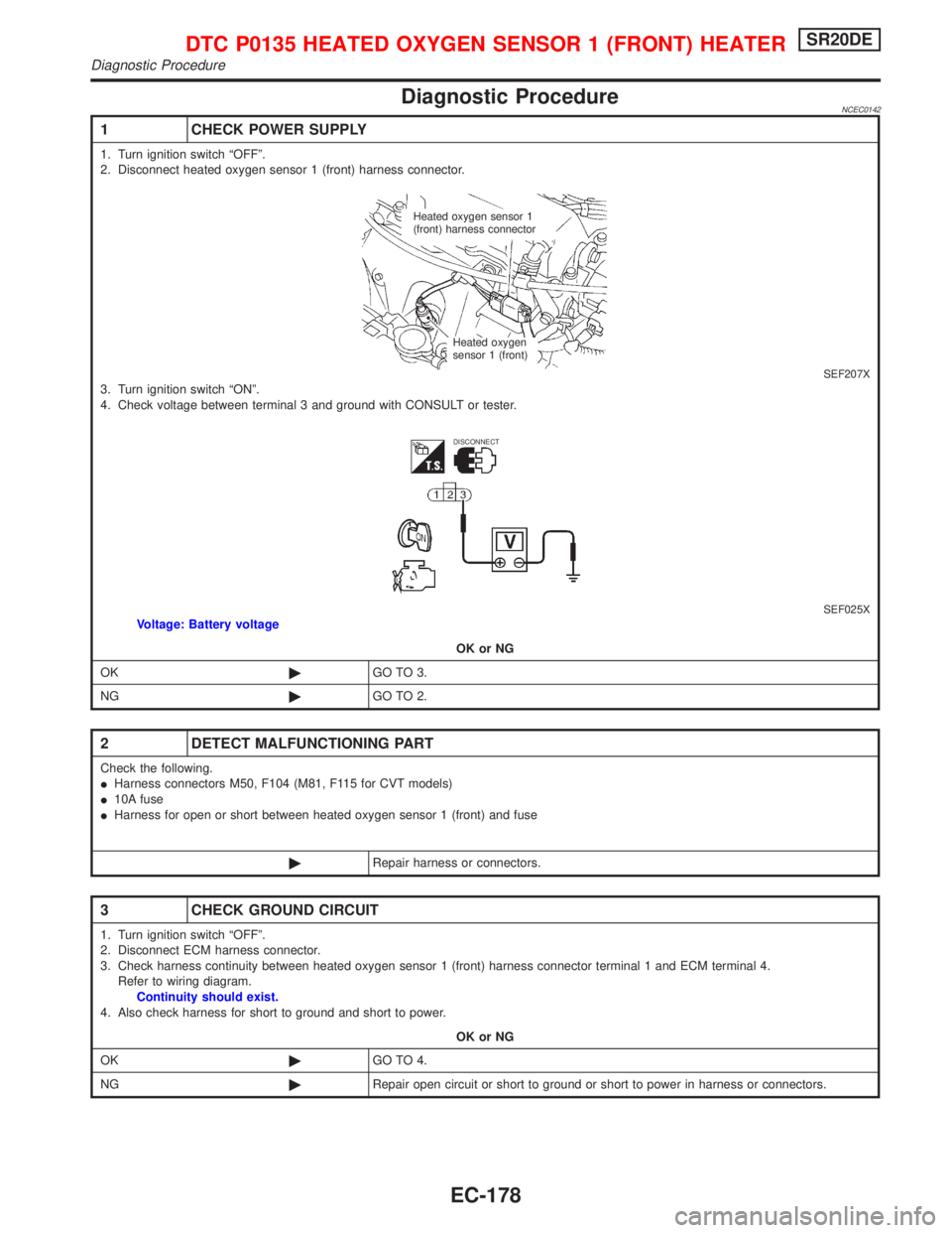 NISSAN PRIMERA 1999 Electronic Repair Manual Diagnostic ProcedureNCEC0142
1 CHECK POWER SUPPLY
1. Turn ignition switch ªOFFº.
2. Disconnect heated oxygen sensor 1 (front) harness connector.
SEF207X3. Turn ignition switch ªONº.
4. Check volta NISSAN PRIMERA 1999 Electronic Repair Manual Diagnostic ProcedureNCEC0142
1 CHECK POWER SUPPLY
1. Turn ignition switch ªOFFº.
2. Disconnect heated oxygen sensor 1 (front) harness connector.
SEF207X3. Turn ignition switch ªONº.
4. Check volta