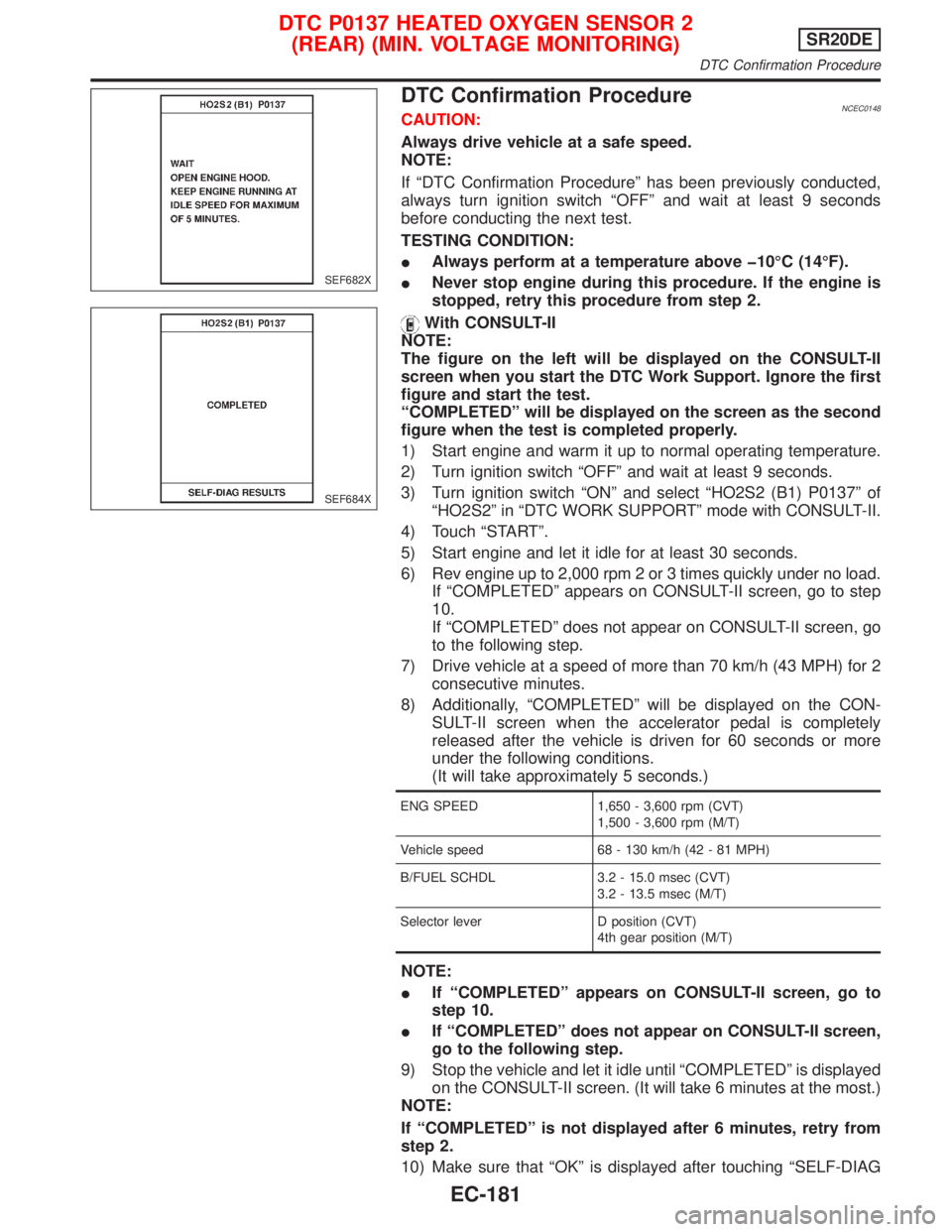 NISSAN PRIMERA 1999 Electronic Repair Manual DTC Confirmation ProcedureNCEC0148CAUTION:
Always drive vehicle at a safe speed.
NOTE:
If ªDTC Confirmation Procedureº has been previously conducted,
always turn ignition switch ªOFFº and wait at NISSAN PRIMERA 1999 Electronic Repair Manual DTC Confirmation ProcedureNCEC0148CAUTION:
Always drive vehicle at a safe speed.
NOTE:
If ªDTC Confirmation Procedureº has been previously conducted,
always turn ignition switch ªOFFº and wait at