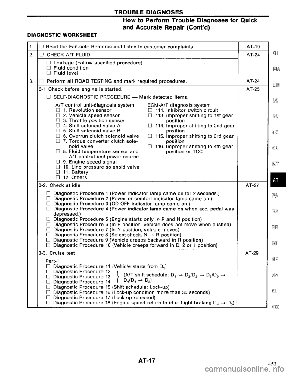 NISSAN PRIMERA 1995  Service User Guide 453 