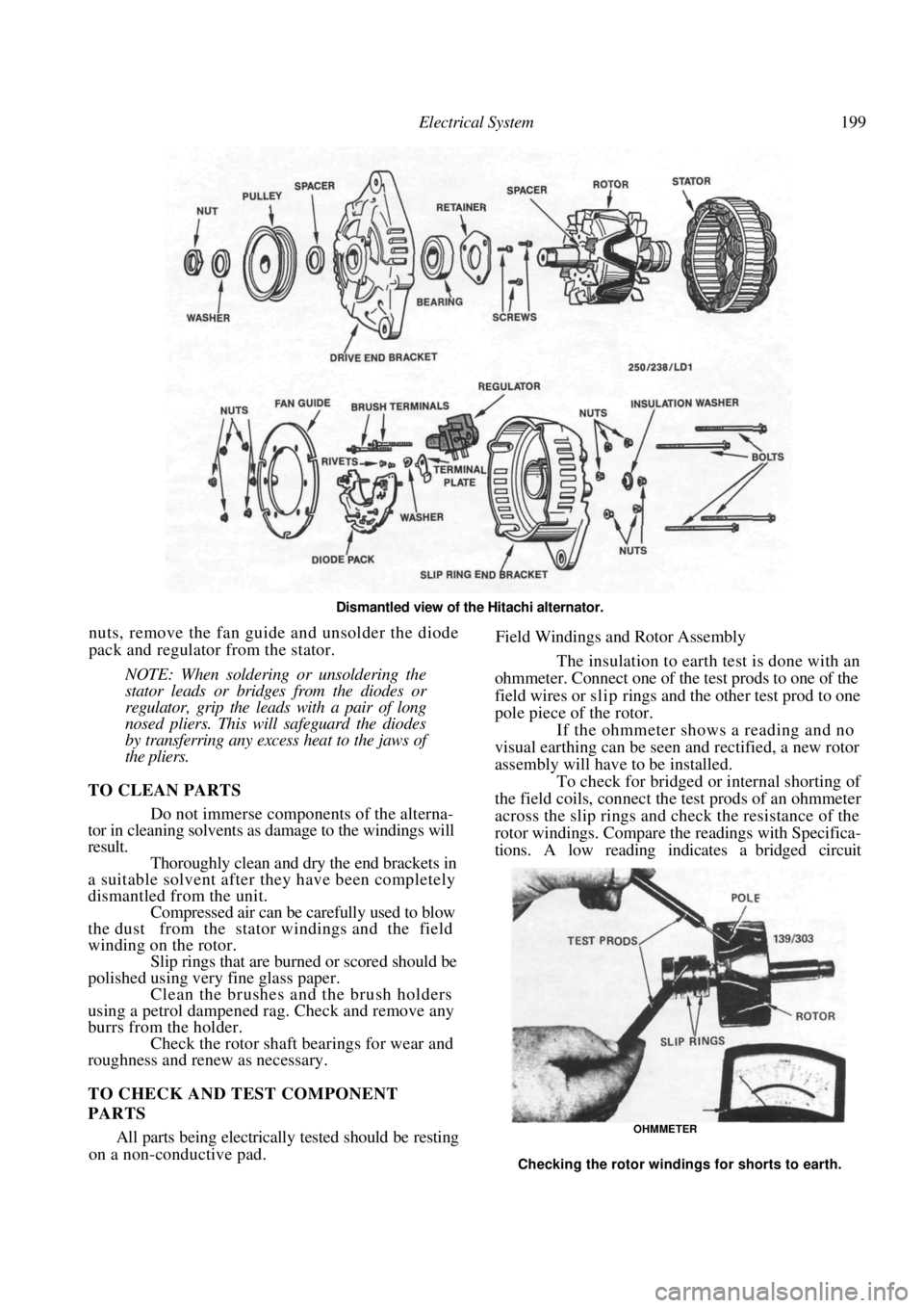 NISSAN PULSAR 1987 Workshop Manual
Electrical System 199
Dismantled view of the Hitachi alternator.
nuts, remove the fan guide and unsolder the diode
pack and regulator from the stator.
NOTE: When soldering or unsoldering the NISSAN PULSAR 1987 Workshop Manual
Electrical System 199
Dismantled view of the Hitachi alternator.
nuts, remove the fan guide and unsolder the diode
pack and regulator from the stator.
NOTE: When soldering or unsoldering the