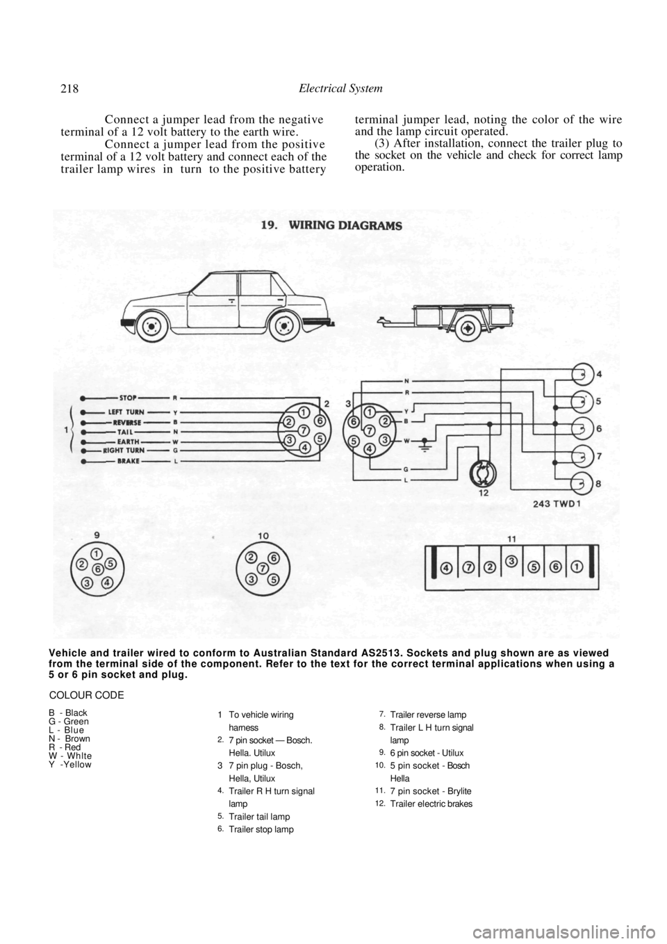 NISSAN PULSAR 1987 User Guide
218 Electrical System
Connect a jumper lead from the negative
terminal of a 12 volt battery to the earth wire. Connect a jumper lead from the positive
terminal of a 12 volt battery and connec NISSAN PULSAR 1987 User Guide
218 Electrical System
Connect a jumper lead from the negative
terminal of a 12 volt battery to the earth wire. Connect a jumper lead from the positive
terminal of a 12 volt battery and connec