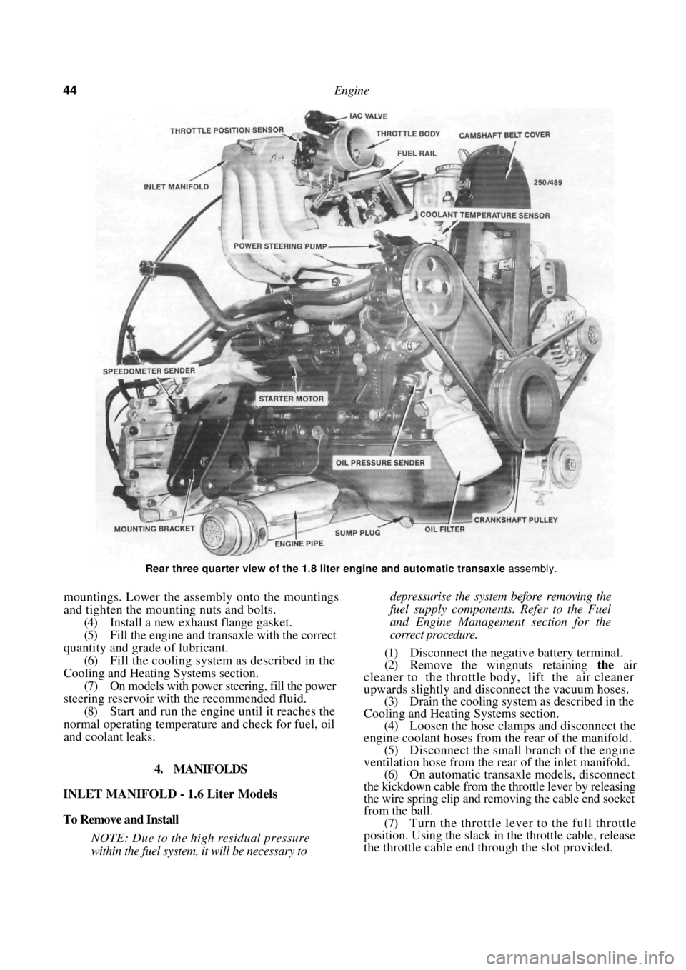 NISSAN PULSAR 1987 Service Manual
44 Engine
Rear three quarter view of the 1.8 liter engine and automatic transaxle assembly.
mountings. Lower the assembly onto the mountings
and tighten the mounting nuts and bolts.
(4) Insta NISSAN PULSAR 1987 Service Manual
44 Engine
Rear three quarter view of the 1.8 liter engine and automatic transaxle assembly.
mountings. Lower the assembly onto the mountings
and tighten the mounting nuts and bolts.
(4) Insta