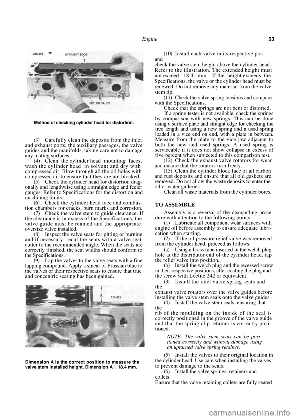 NISSAN PULSAR 1987 Repair Manual
Engine 53
Method of checking cylinder head for distortion.
(3) Carefully clean the deposits from the inlet
and exhaust ports, the auxiliary passages, the valve
guides and the manifolds, takin NISSAN PULSAR 1987 Repair Manual
Engine 53
Method of checking cylinder head for distortion.
(3) Carefully clean the deposits from the inlet
and exhaust ports, the auxiliary passages, the valve
guides and the manifolds, takin