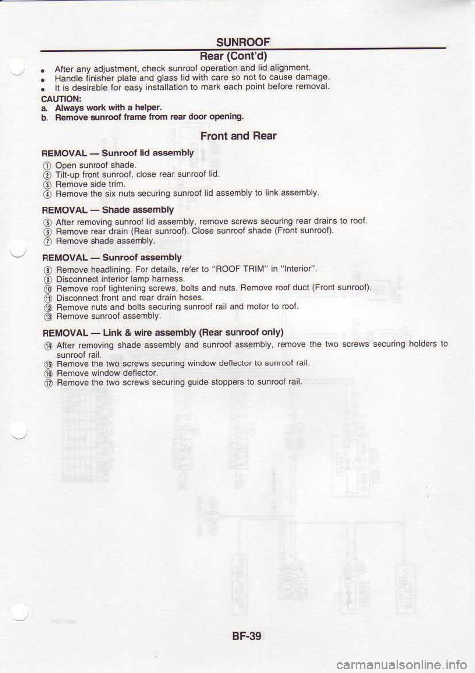 NISSAN SERENA 1993 Service Repair Manual SUNROOF
. Aier anv
adlustment, ch€ck
sun@l operalion snd
lid alignmenl.
. Handle linish€. plate
and gl6ss
lid wlh €re 60 nollo€use
damaq€
. h is desnab e lof easv inslal NISSAN SERENA 1993 Service Repair Manual SUNROOF
. Aier anv
adlustment, ch€ck
sun@l operalion snd
lid alignmenl.
. Handle linish€. plate
and gl6ss
lid wlh €re 60 nollo€use
damaq€
. h is desnab e lof easv inslal
