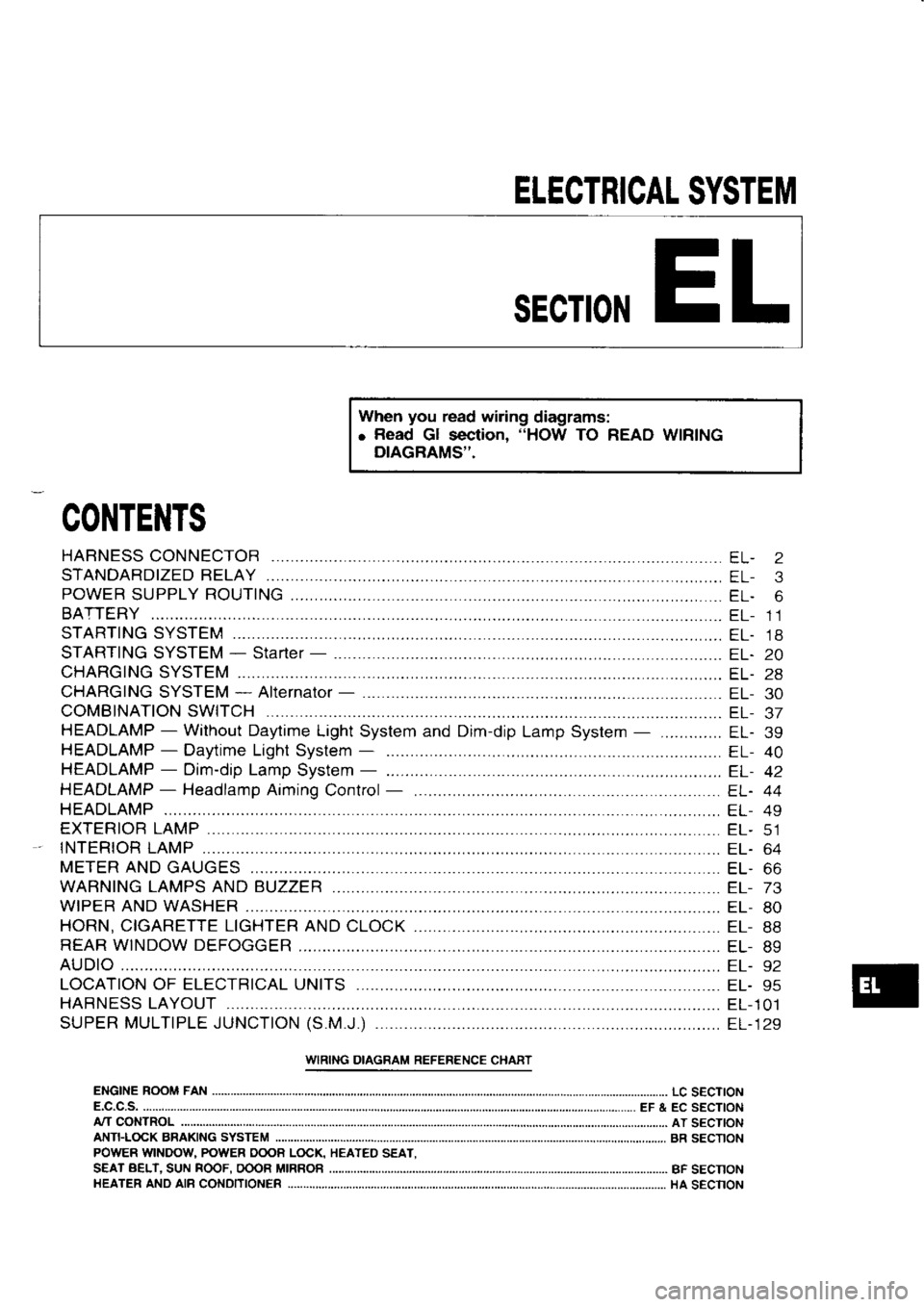 NISSAN SERENA 1993  Service Repair Manual ELECTRICAL 
SYSTEM
SECTION EL
When  you 
read  wiring 
diagrams:
o  Read 
Gl section,  "HOW 
TO READ  WIRING
DIAGRAMS.
CONTENTS
STARTING  SYSTEM
STARTING  SYSTEM - 
Starter  - 
...
CHARGING  SYSTEM
