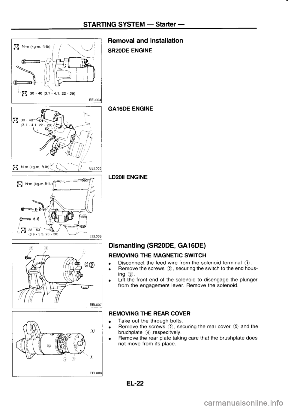 NISSAN SERENA 1993  Service Repair Manual STARTING 
SYSTEM _ 
StArtEr  _
Bemoval  and Installation
SR2ODE  ENGINE
GA16DE  ENGINE
LD2OII  ENGINE
p 
N 
m 
1rs-m.  h.ru1y 
(
Dismantling (SR20DE, 
GA1 6DE)
REMOVING  THE MAGNETIC  SWITCH
o  Discon