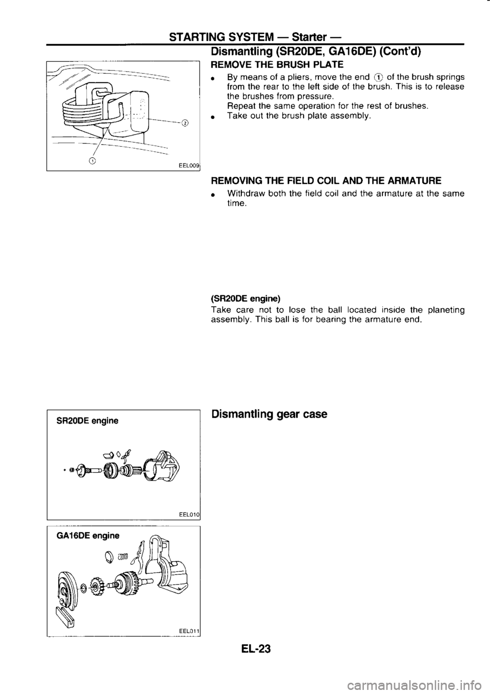 NISSAN SERENA 1993  Service Repair Manual STARTING 
SYSTEM _ 
Starter  _
Dismantling  (SR20DE, 
GA1 6DE)  (Contd)
REMOVE  THE BRUSH  PLATE
o  By 
means  of a pliers, 
move the end 
@ of 
the  brush  springs
Irom  the rear  lo the  left side 