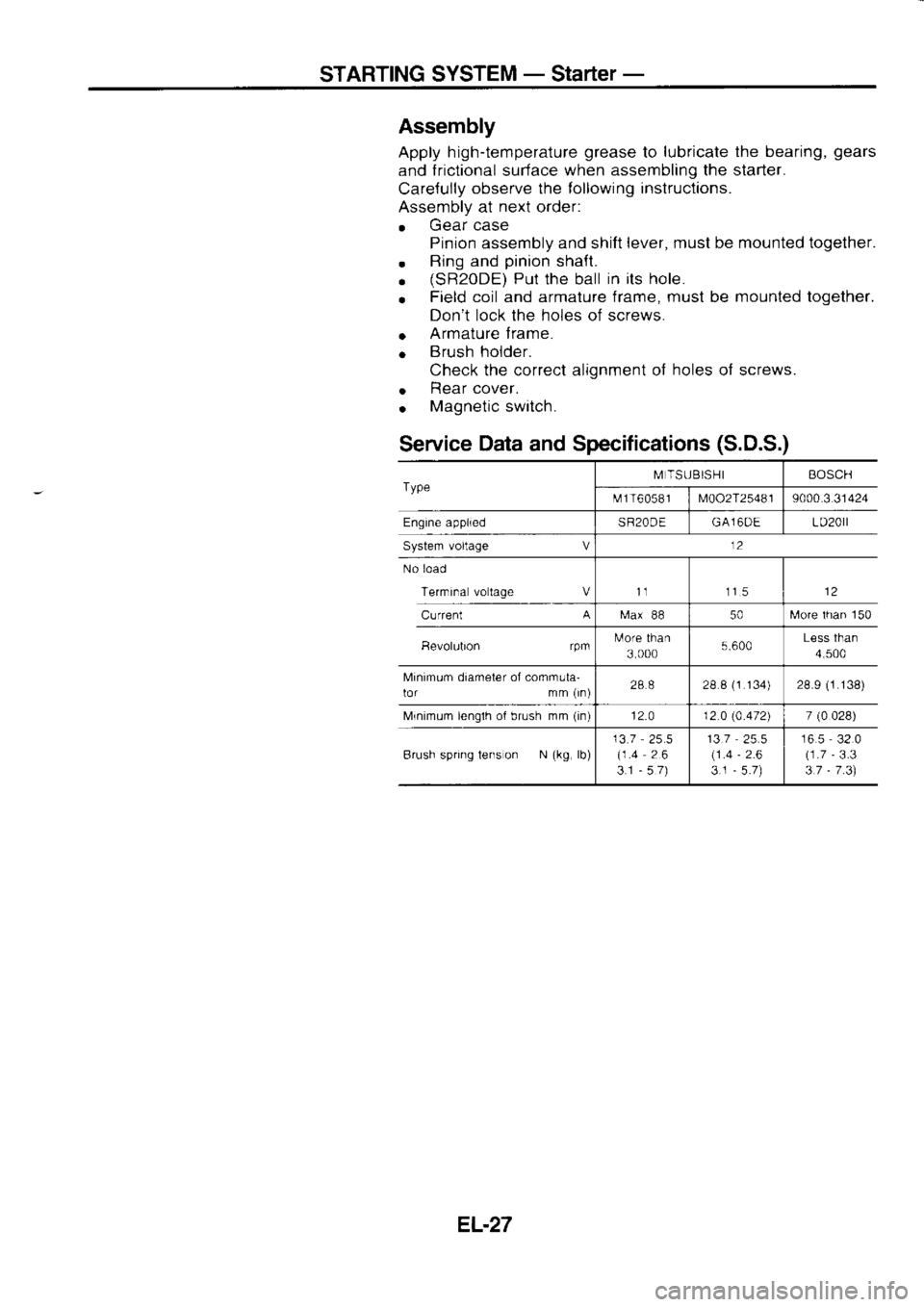 NISSAN SERENA 1993 Service Repair Manual STARTING
SYSTEM -
Starter -
Assembly
Apply h igh-temperature grease
to lubricate
the bearing, gears
and frictional
surface when
assembling the starter.
Care{ully observe
the following i NISSAN SERENA 1993 Service Repair Manual STARTING
SYSTEM -
Starter -
Assembly
Apply h igh-temperature grease
to lubricate
the bearing, gears
and frictional
surface when
assembling the starter.
Care{ully observe
the following i