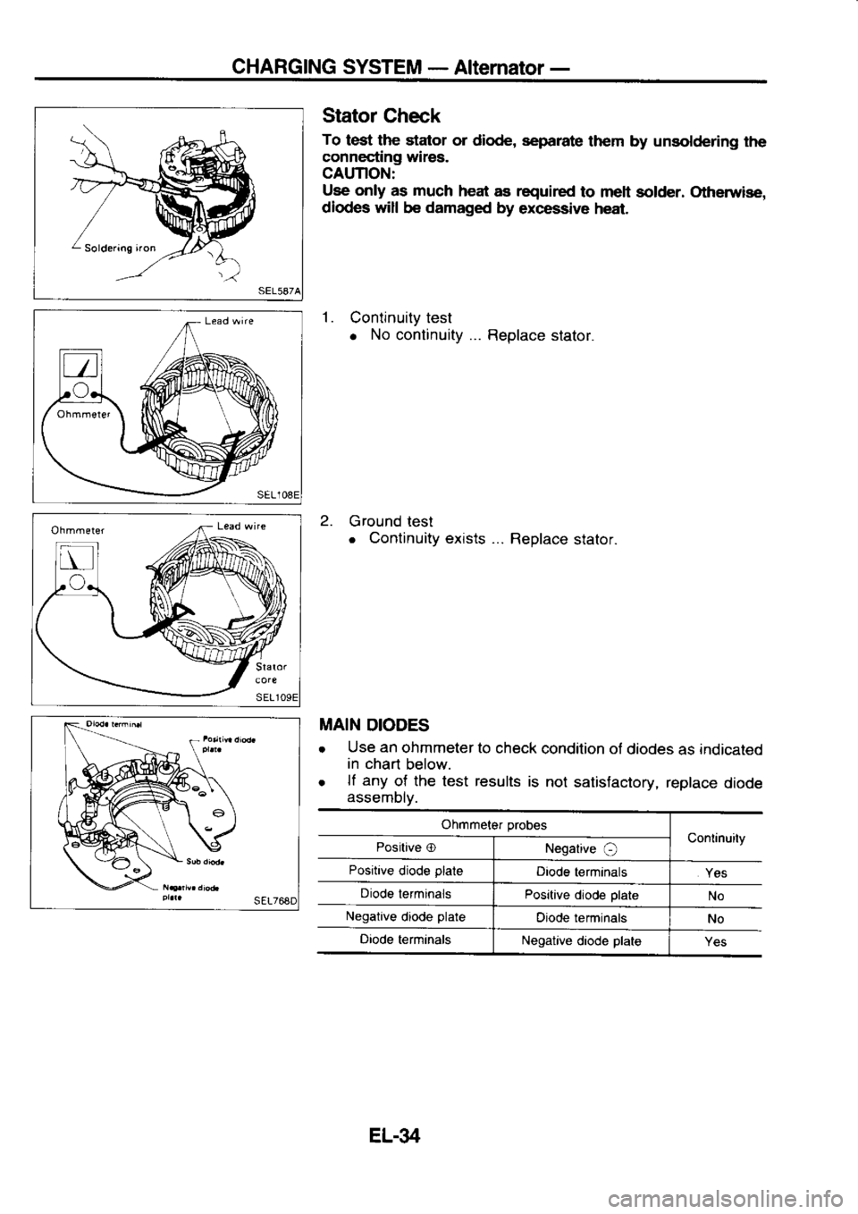 NISSAN SERENA 1993  Service Repair Manual CHARGING 
SYSTEM - 
Alternator  -
Stator  Check
To  test  the stator 
or diode,  separate 
them by unsoldering 
the
connecting  wires.
CAUTION:
Use  only 
as much  heat 
as required 
to melt  solder. 