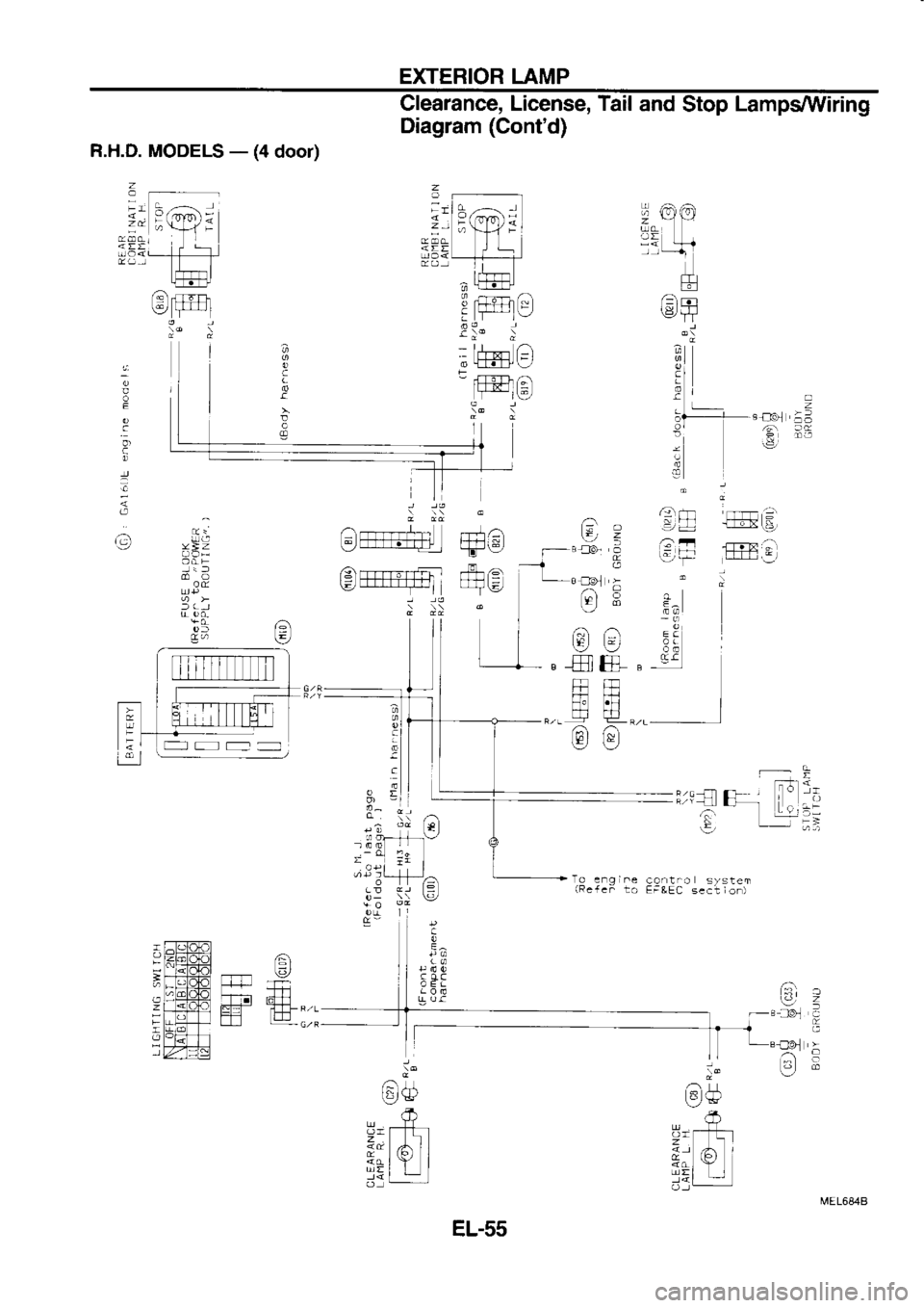 NISSAN SERENA 1993  Service Repair Manual EXTERIOR 
LAMP
Clearance,  License, Tail 
and  Stop  Lamps/Vtliring
Diagram  (Contd)
R.H.D.  MODELS  - 
(4 door)
!@@
|rrI
,JI
r  l+l
IJ
! a
.! c
!
IJ A 
rrr
(8.,r8
9rl
il
bl
6l
\1
r-l
\a)
an
F
c
a
: