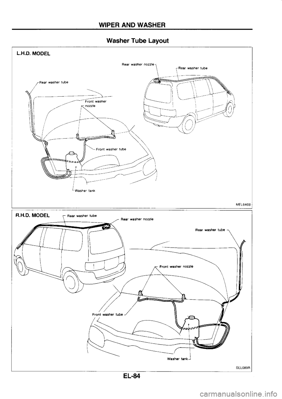 NISSAN SERENA 1993  Service Repair Manual WIPER 
AND WASHER
Washer  Tube Layout
L.H,D.  MODEL
Reer washer  nozzle
EL-84 