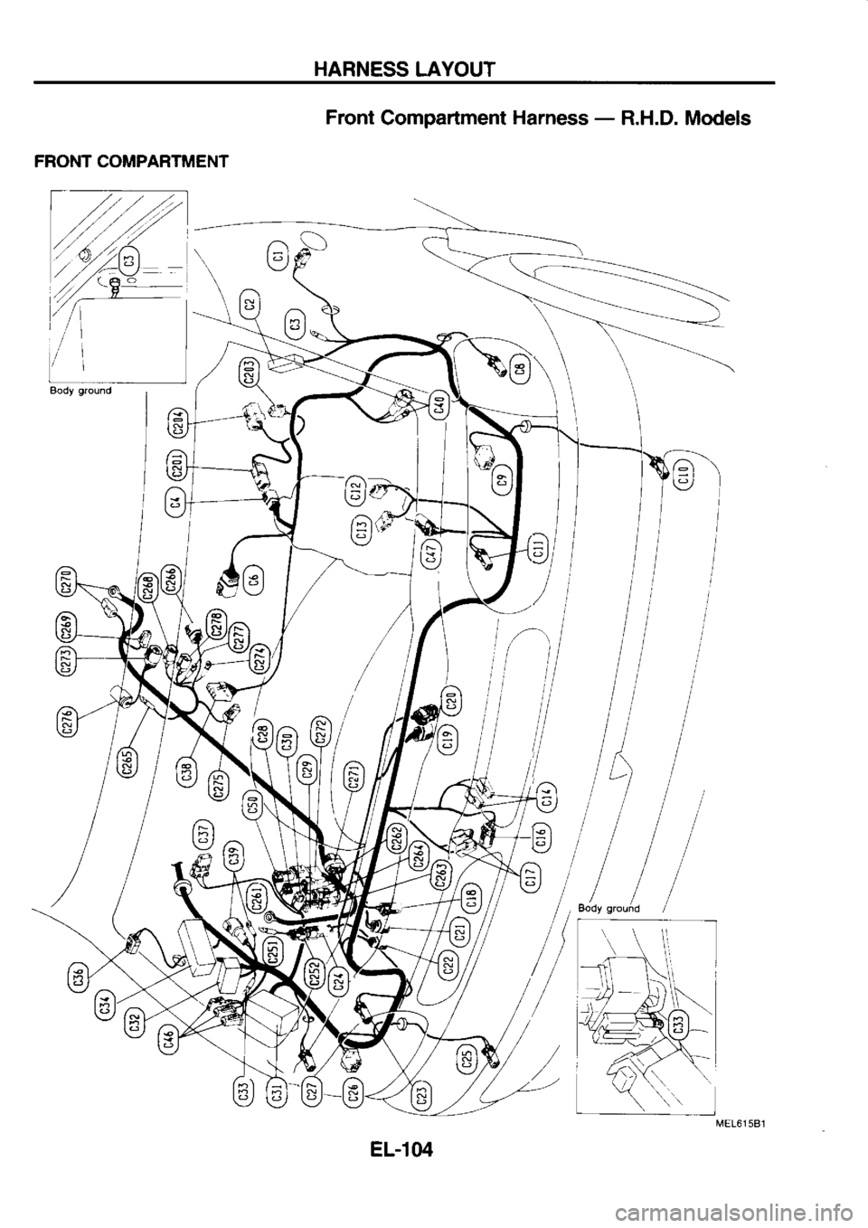 NISSAN SERENA 1993  Service Repair Manual HARNESS 
LAYOUT
Front  Compartment  Harness - 
R.H.D.  Models
FRONT  COMPARTMENT
L-.,/
?tEl  9/
I  I 16ll  I /
  ltr\|l  t t;
t\|]t  t) 