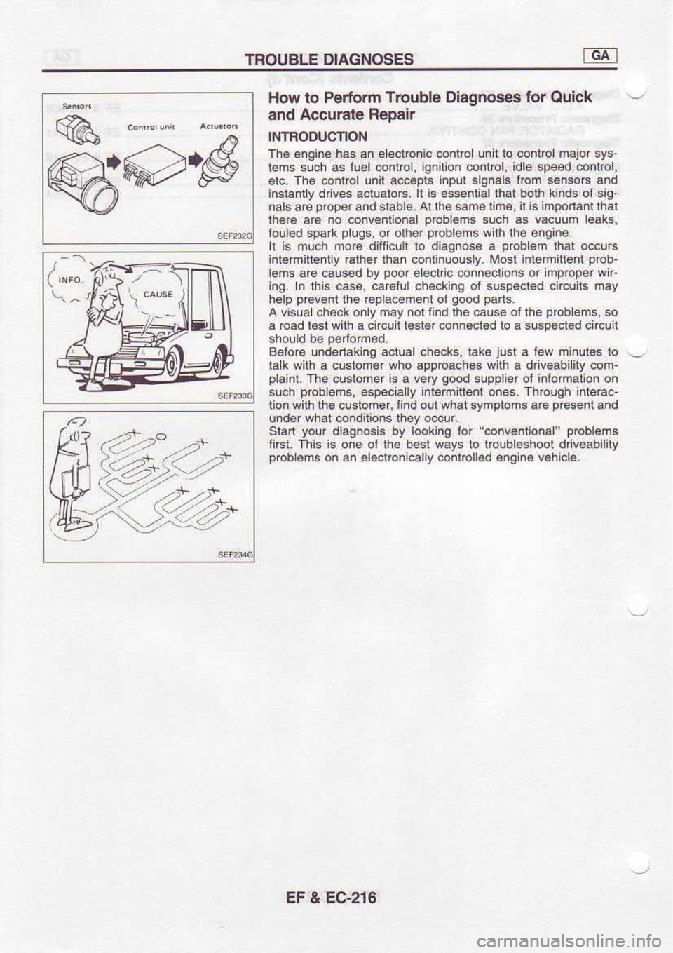 NISSAN SERENA 1993  Service Repair Manual TROUBLE 
DIAGNOSES
@#N yu! How 
lo Pedom 
Trcuble  Dlagnoses  lor Ouick
and  Accural€  Repair
INTBOOUCNON
The  engine  has an e ecvo.ic  @nlrol!nr1lo  coniblmajor sys-
lems  slch as lu€lcontrcl,