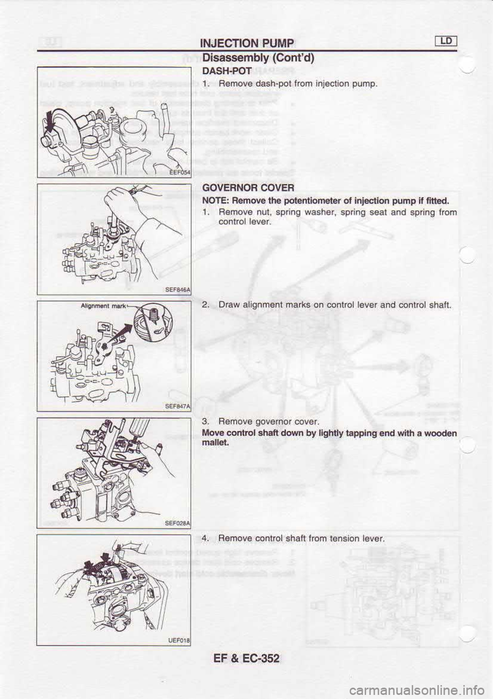 NISSAN SERENA 1993  Service Repair Manual INJECNON 
PUTiIP
Dlsass€mbly  (Contd)
DASH.POT
L  Remove  dash-pot  lon injeouo.  pump.
GOVEBNOF  COVER
NOE:  RemN  lhe porentbrEter 
ol Iniectid  punp 
n ft.d.
1.  Remove  nul, sprinq  washer,  spr
