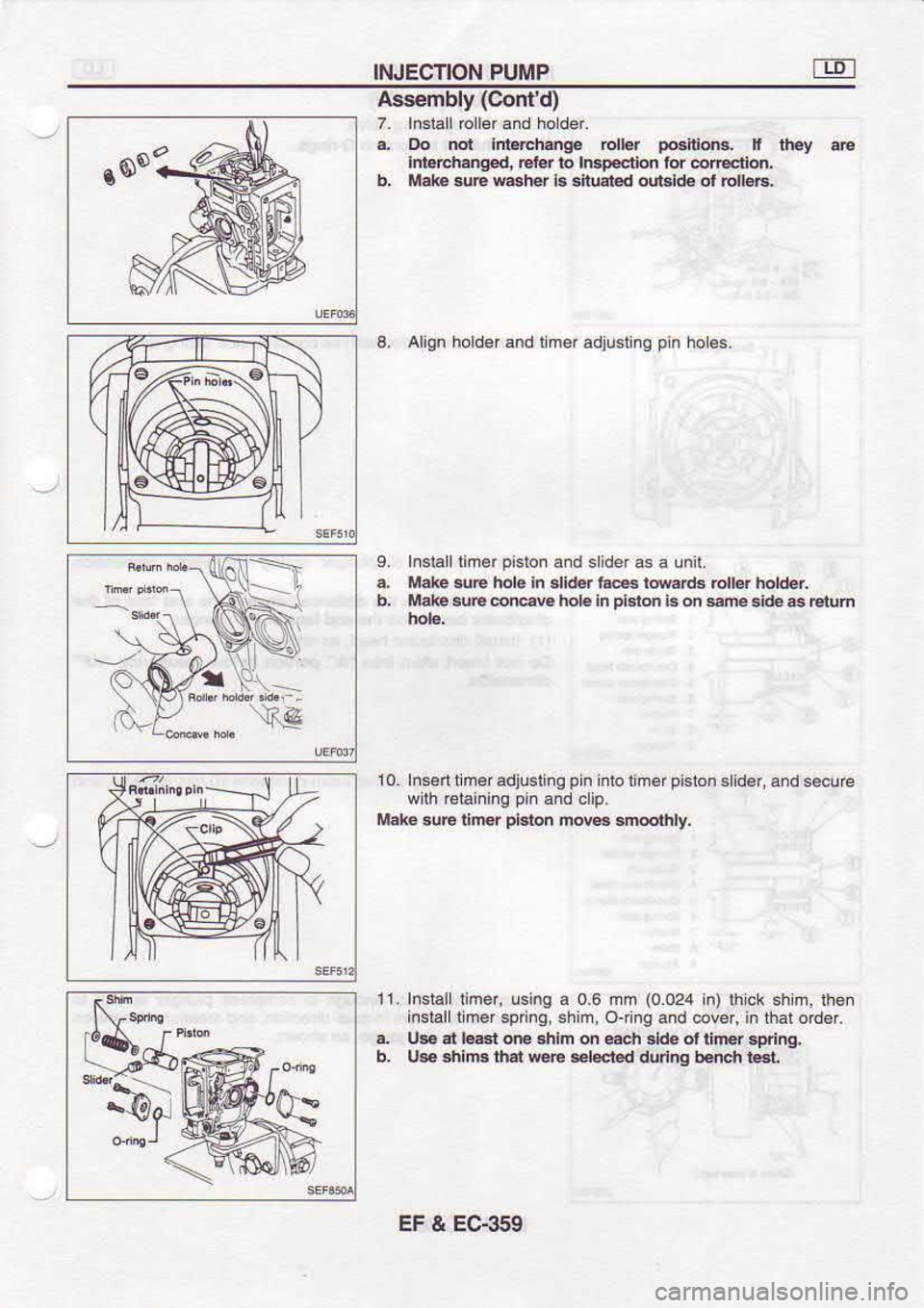 NISSAN SERENA 1993  Service Repair Manual INJECTION 
PUMP
Ass€mbly  (Contd)
7,  lnsiall  rcllerand  hoLder.
..  Do  nol  id€rcnsq€  6lhr p6ldoc. 
[ $ey  e
Idlerch.nqed,  @br lo lBpecdon  lor 6redd.
b,  llJlake  se w6lEr  b lnuded  dt3i