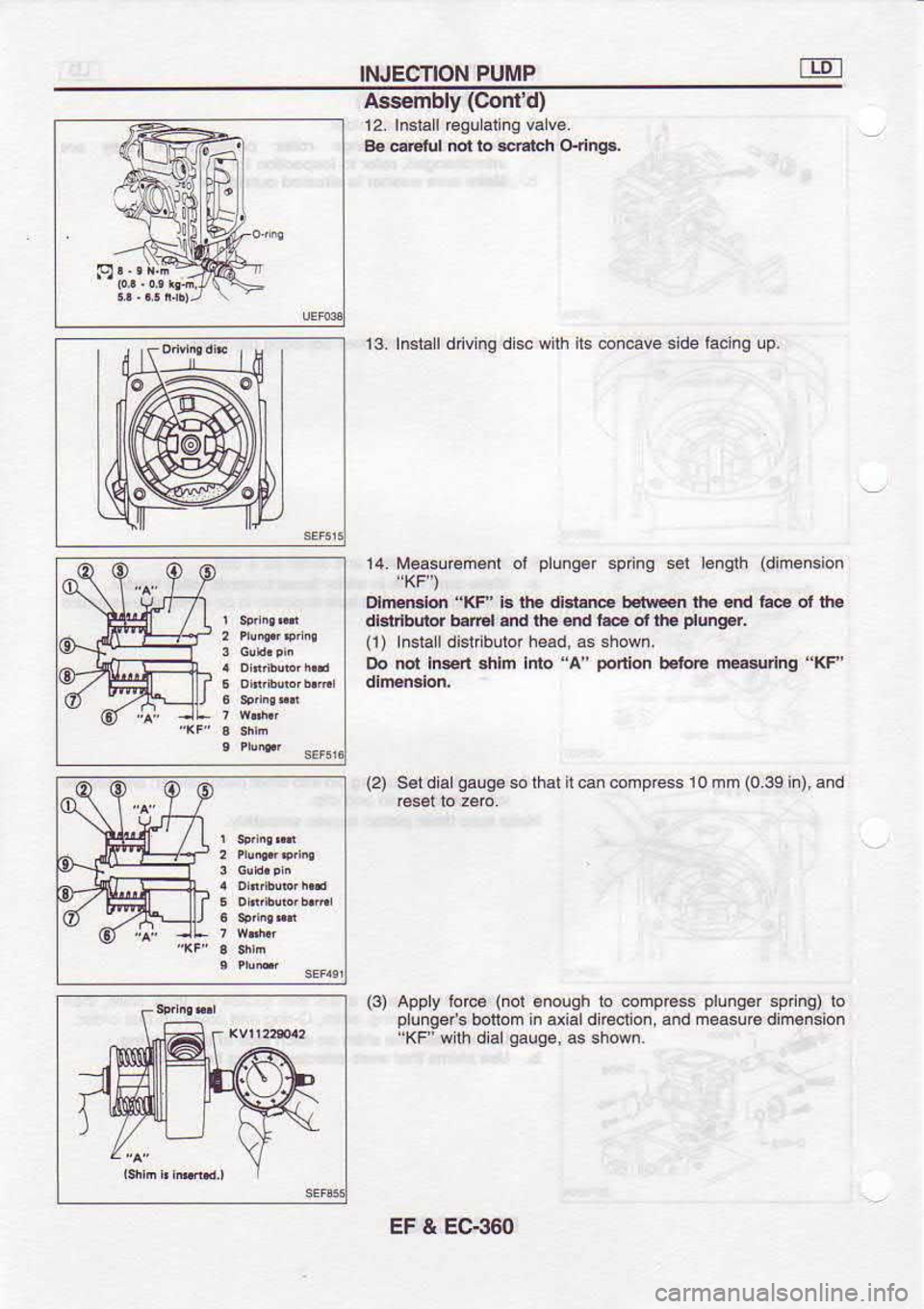 NISSAN SERENA 1993  Service Repair Manual INJECTION 
PUMP
A$embly  (Contd)
12.  Indall  regu allng  va ve.
a.  @etul  nol lo 4Erch 
o{ing3.
13.  Insla  I driv  ng d sc  wilh  its con€ve  side lacing  up,
(2)  s€l dialqause  so lhal  il 